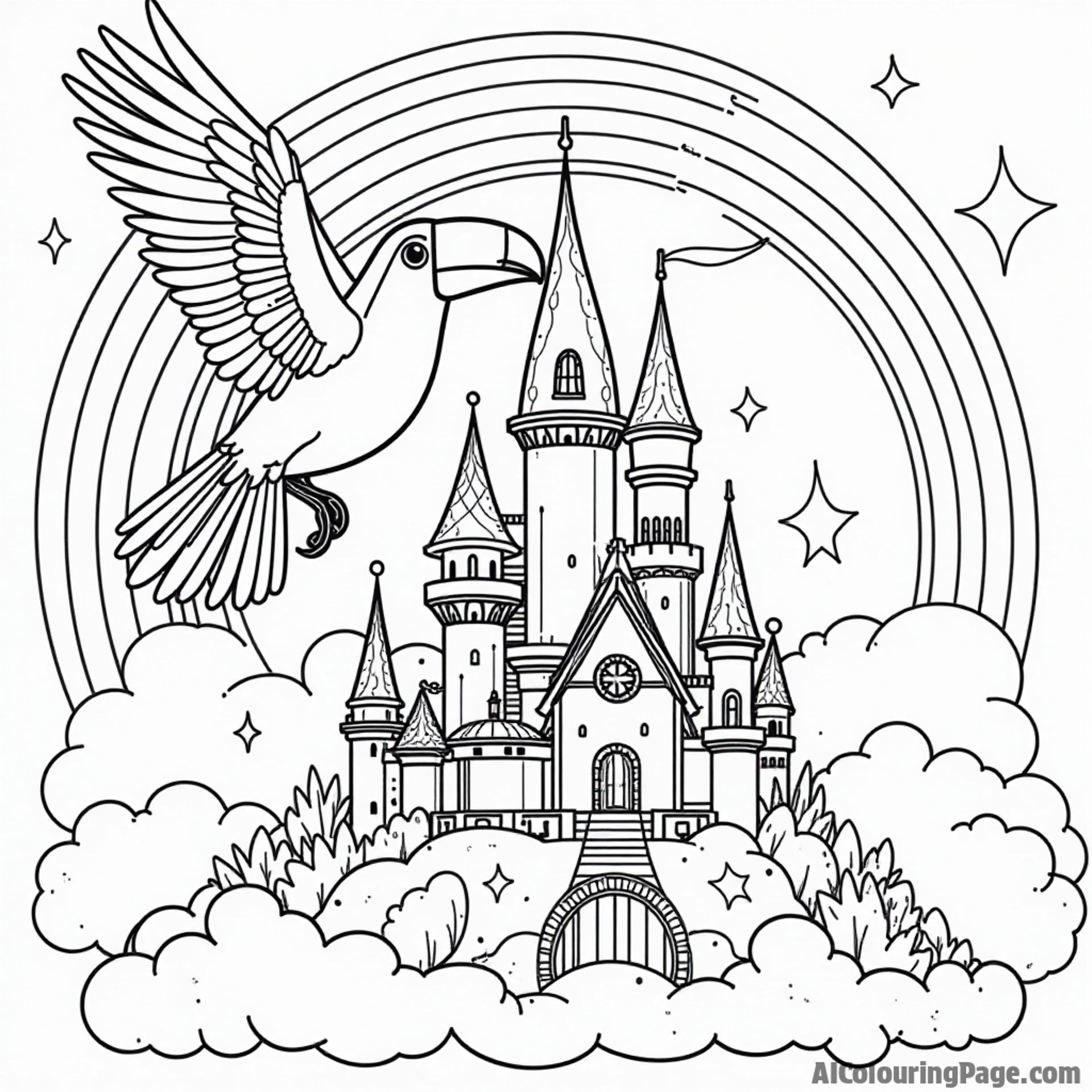 A toucan flying over a magical castle surrounded by clouds and stars, with a rainbow arching in the background.