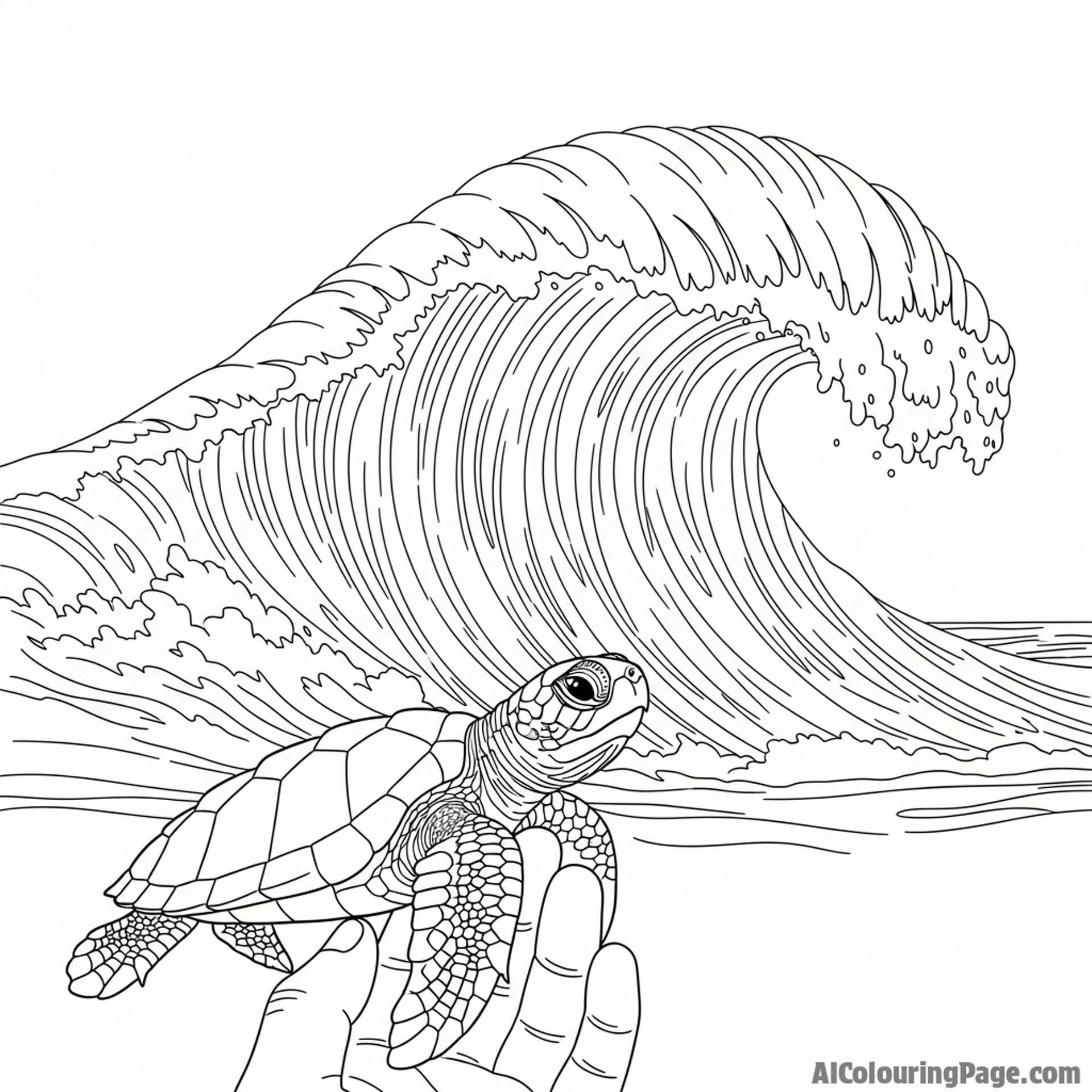 A hatchling turtle facing a giant wave.