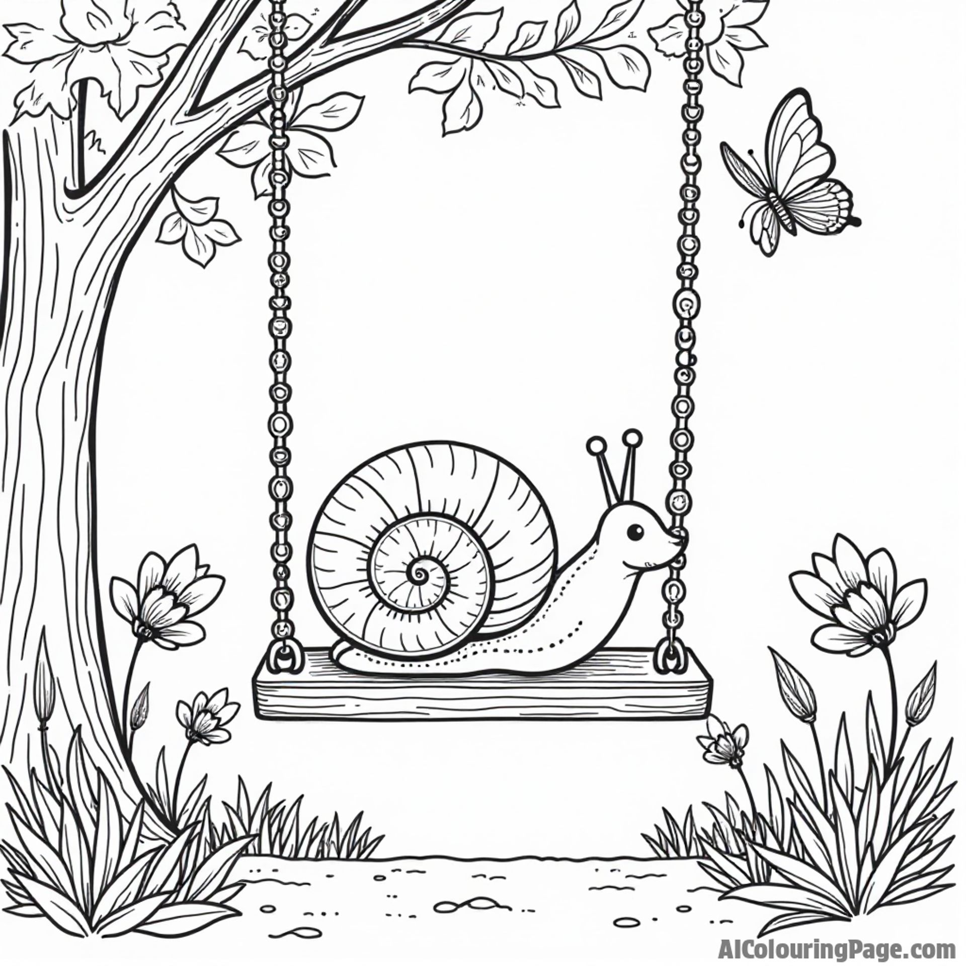 A snail sitting on a swing, with flowers and butterflies all around, enjoying a beautiful sunny day in the park.