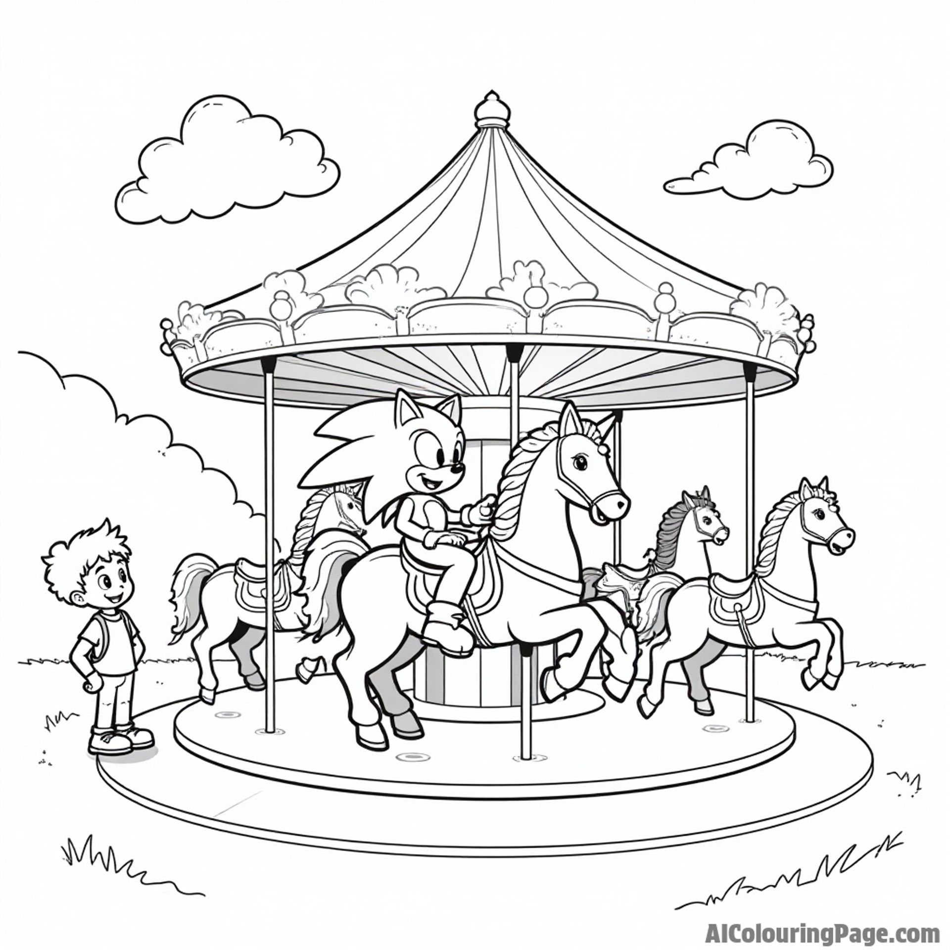 Sonic enjoying a day at the amusement park, riding a carousel surrounded by colorful horses and excited children.