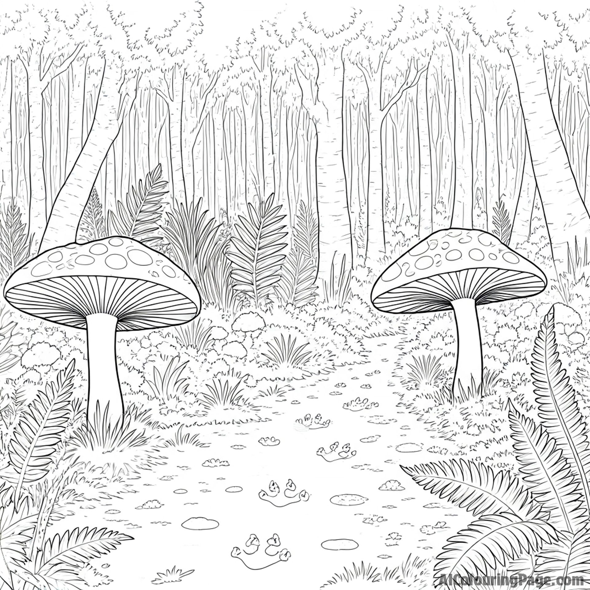 Primeval forest, prehistoric ferns, giant mushrooms, dinosaur footprints.