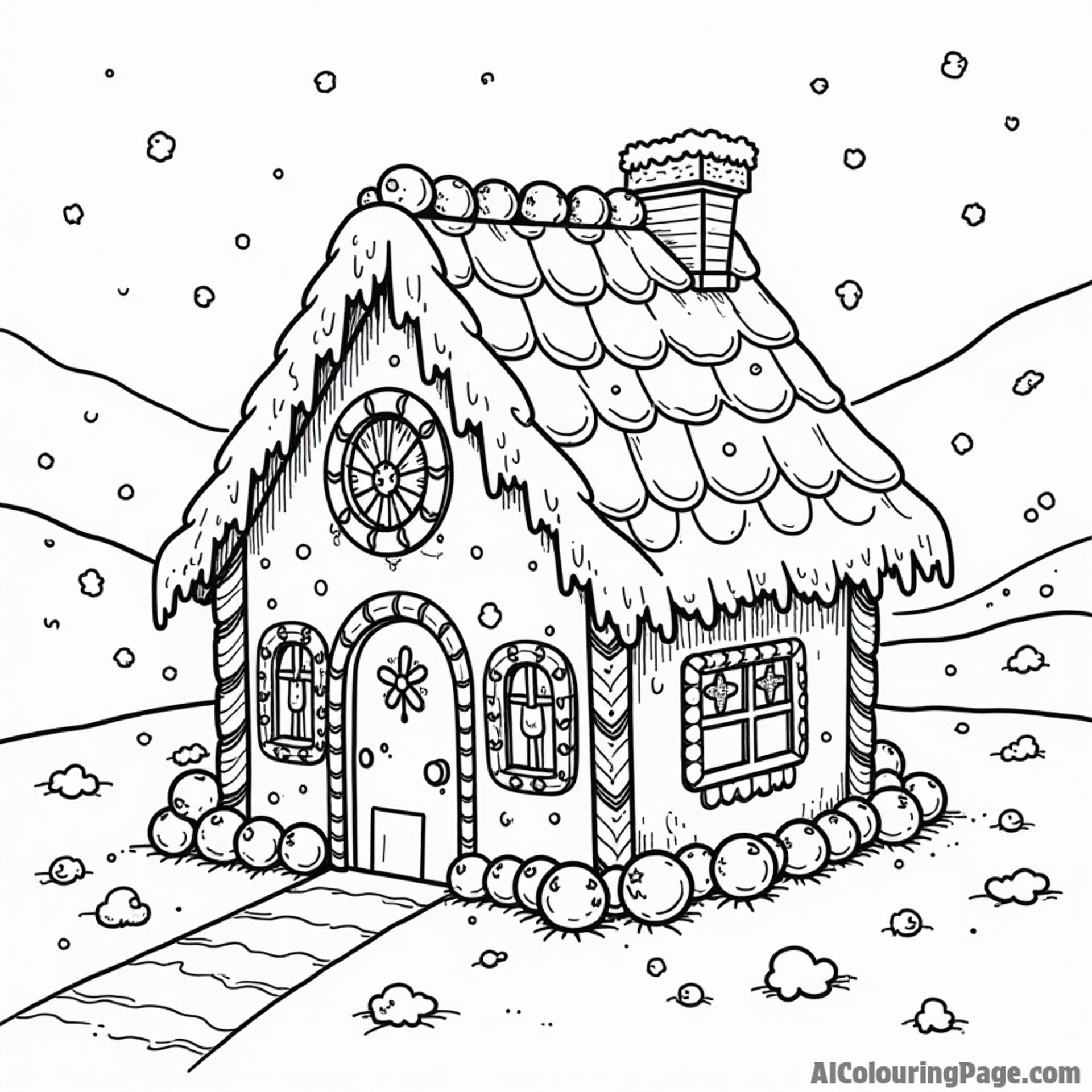 A gingerbread house decorated with candy canes, gumdrops, and icing, set against a winter landscape of snow-covered hills.