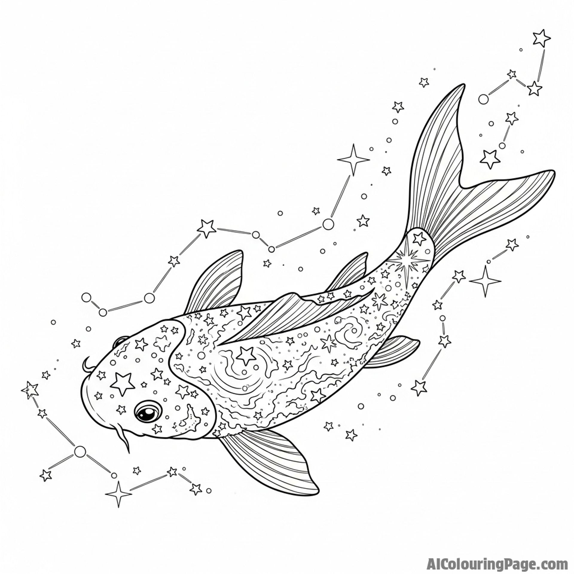 A celestial koi composed of stars and nebulae, swimming through the void of space.