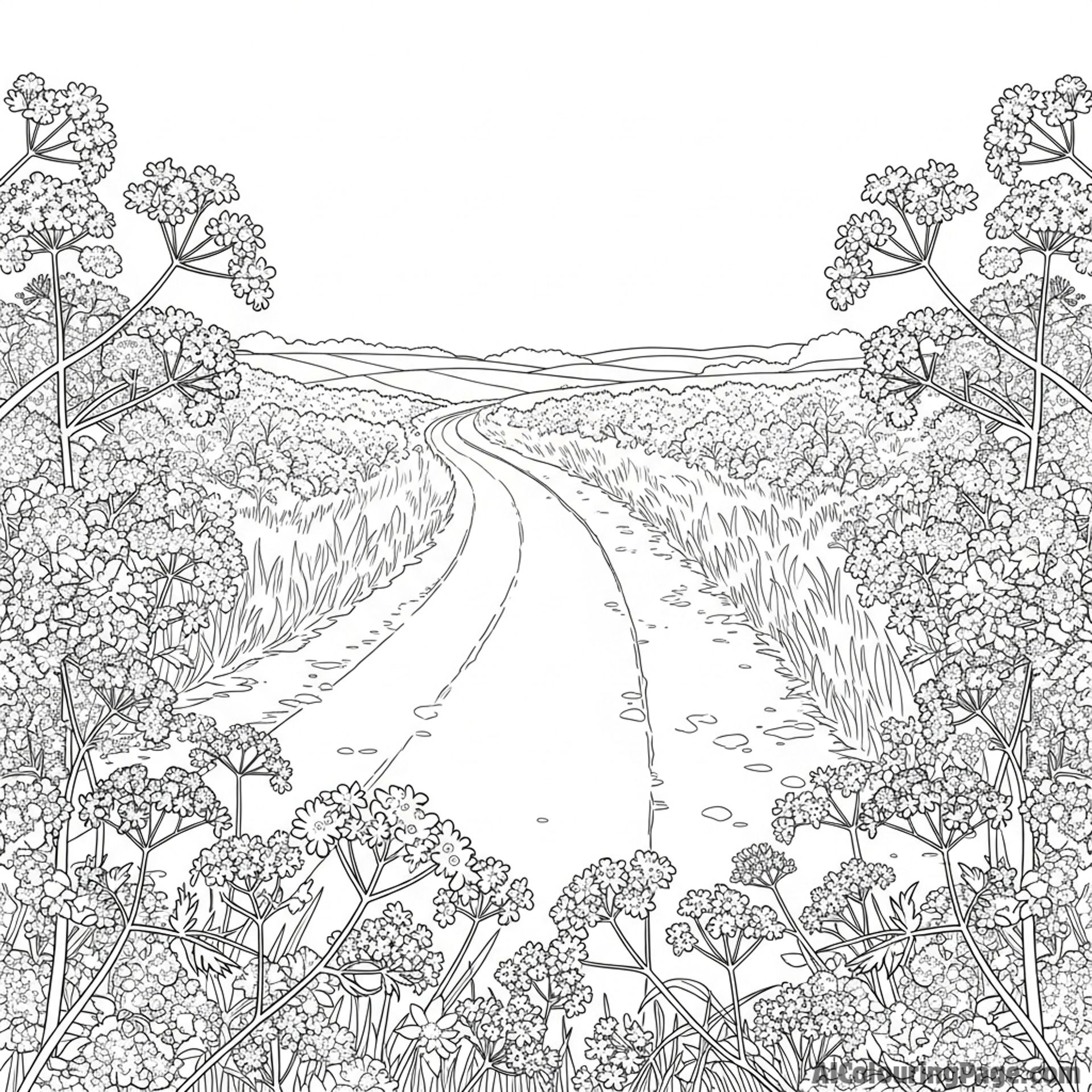 Cow parsley bordering a country lane, rural scenery.