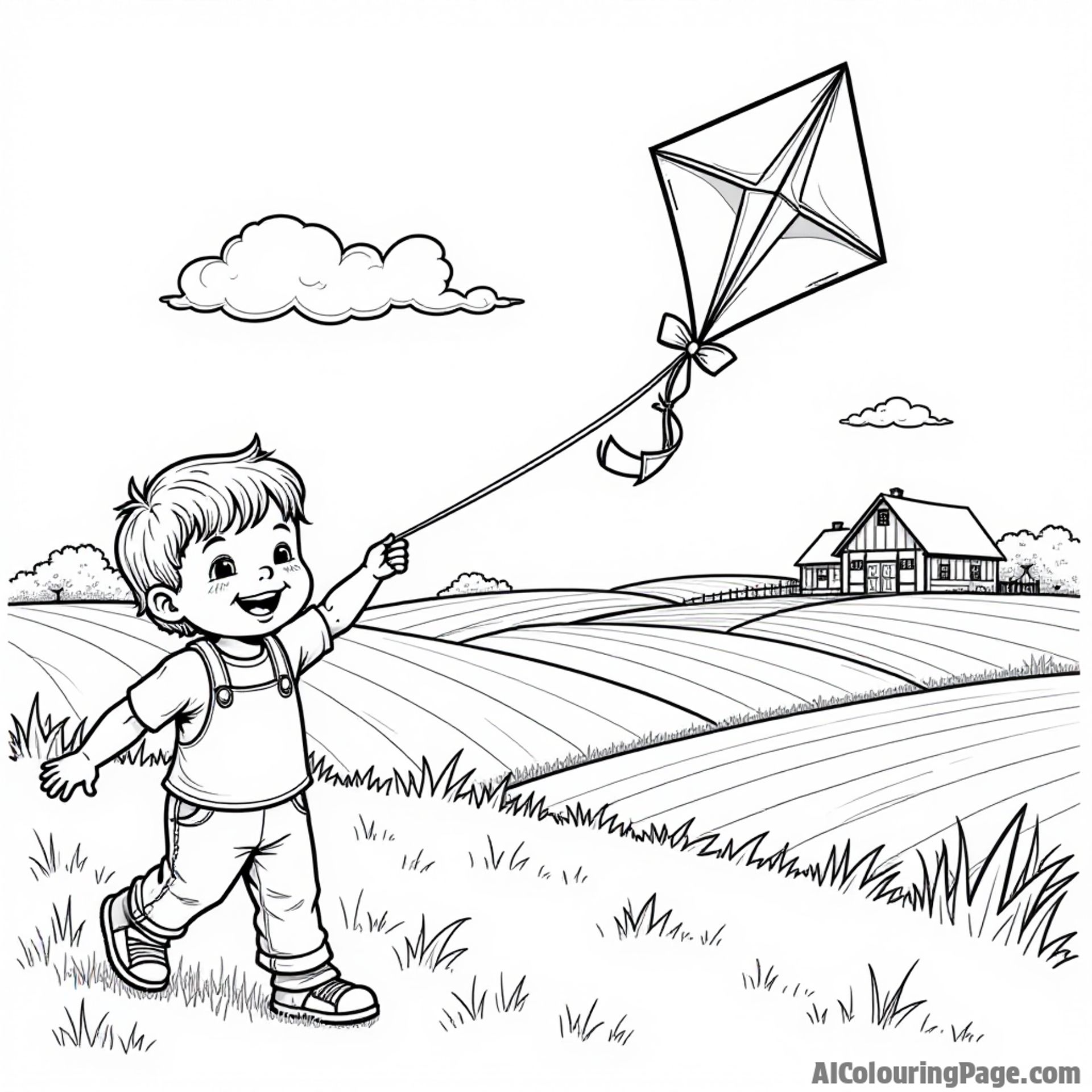 A cheerful child flying a kite, with a picturesque Iowa landscape featuring a farmhouse and colorful crops in background.