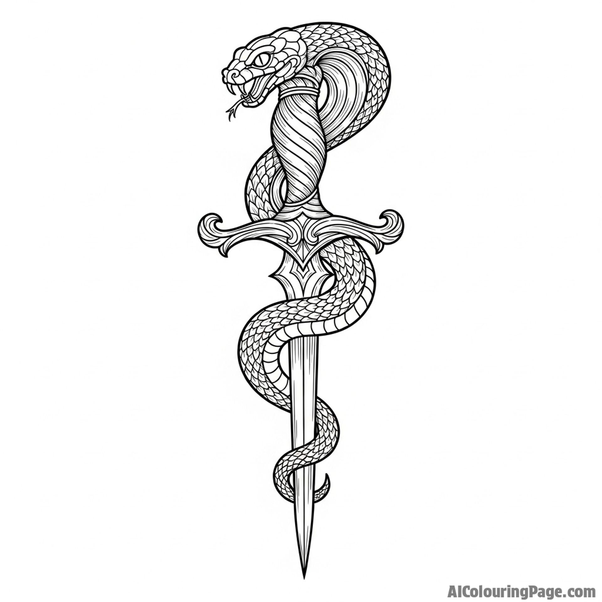 An ornate fantasy dagger where a serpent forms the hilt, its tail tapering into the blade.