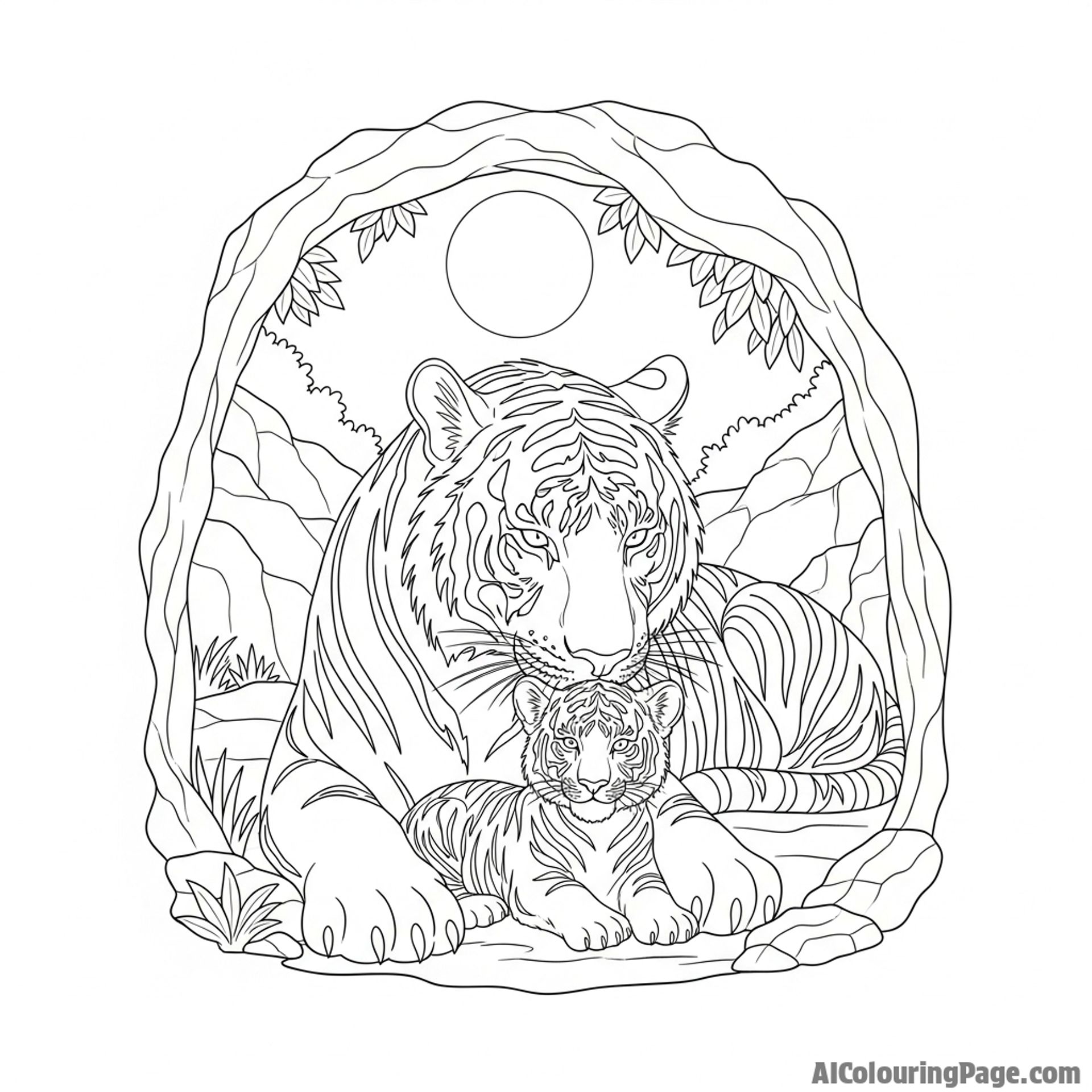 A mother tiger gently nuzzling her cub in a secluded, moonlit den.