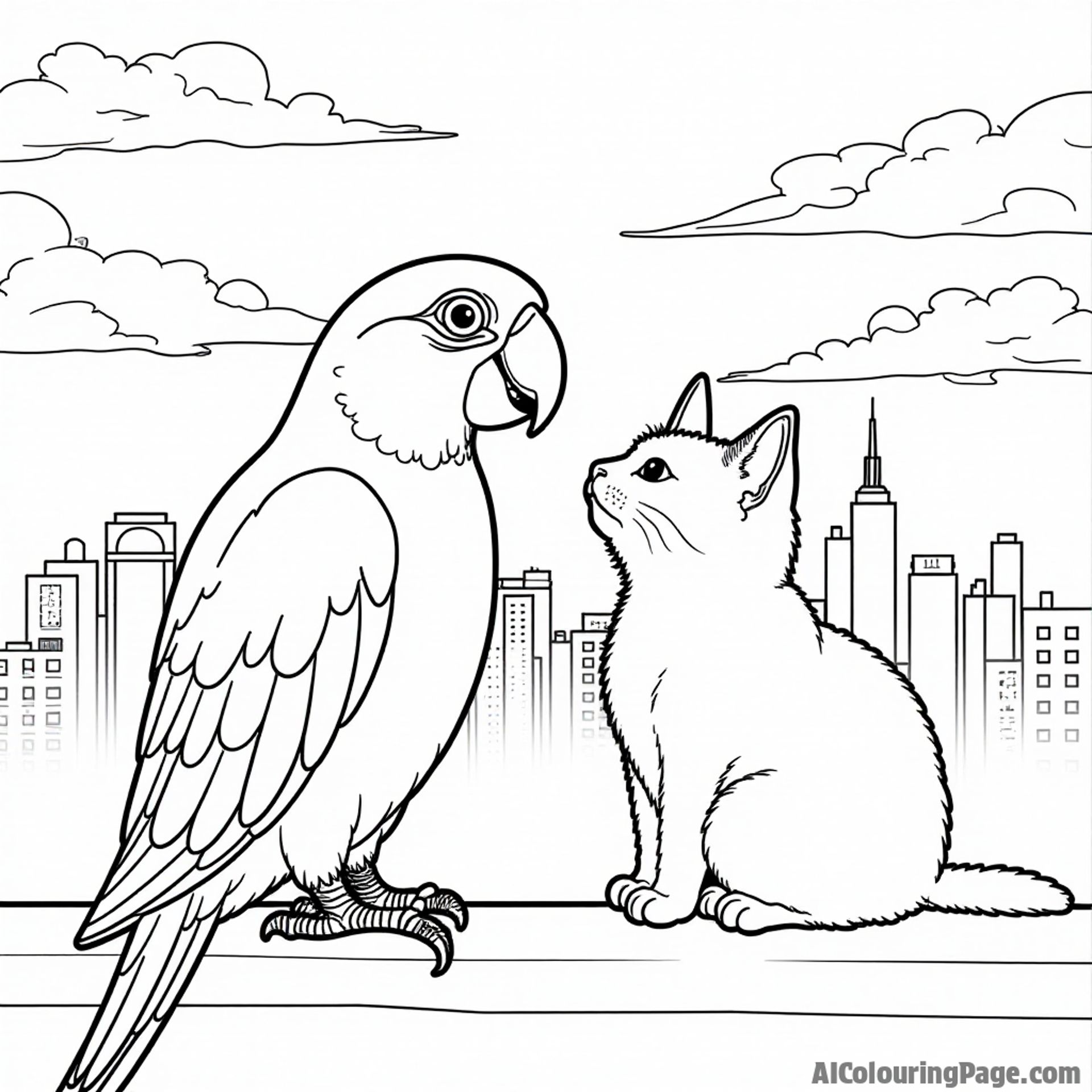 A parrot and a cat watching a sunset together on a rooftop, with city skyline silhouetted in the background