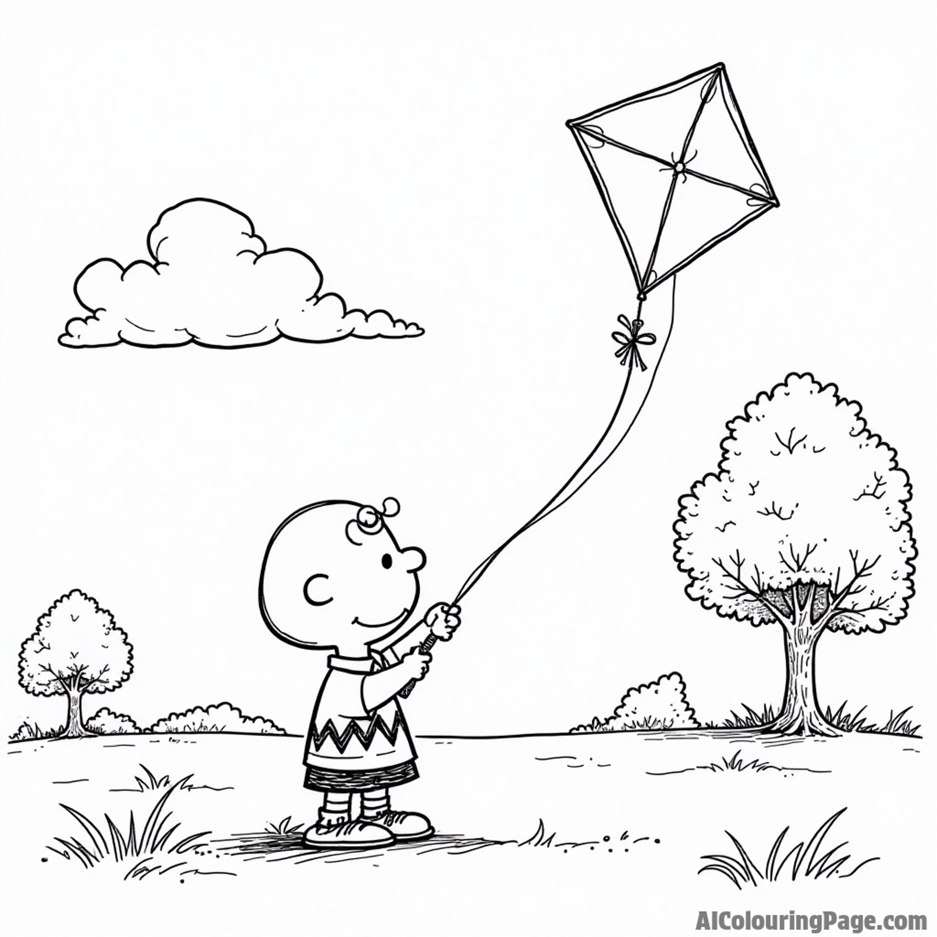 Charlie Brown flying a kite on a sunny day with clouds and a big tree in the background for kids to color