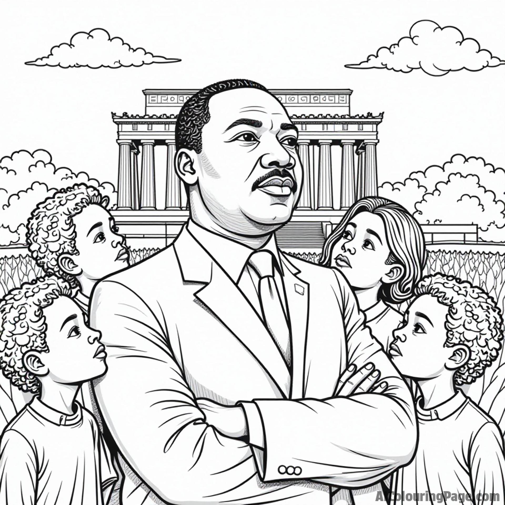 A symbolic image of Martin Luther King Jr. with a backdrop of the Lincoln Memorial, surrounded by diverse children dreaming of a better future, outlined for creative coloring.