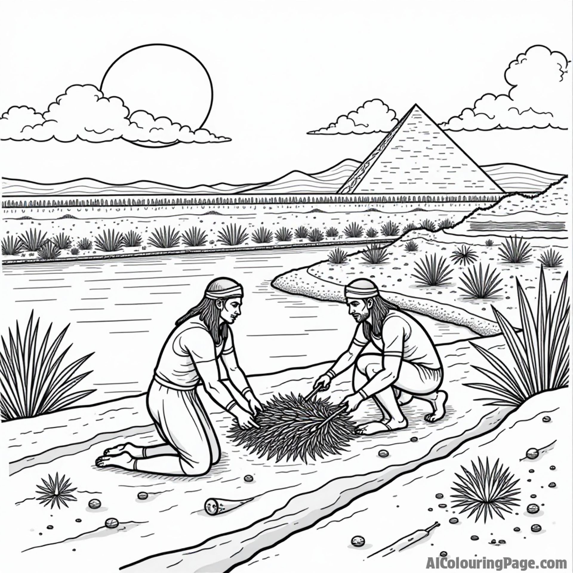 A lively depiction of ancient Egyptian farming with workers planting and harvesting crops along the Nile, highlighting the agricultural practices that sustained civilization, perfect for kids to color and learn.