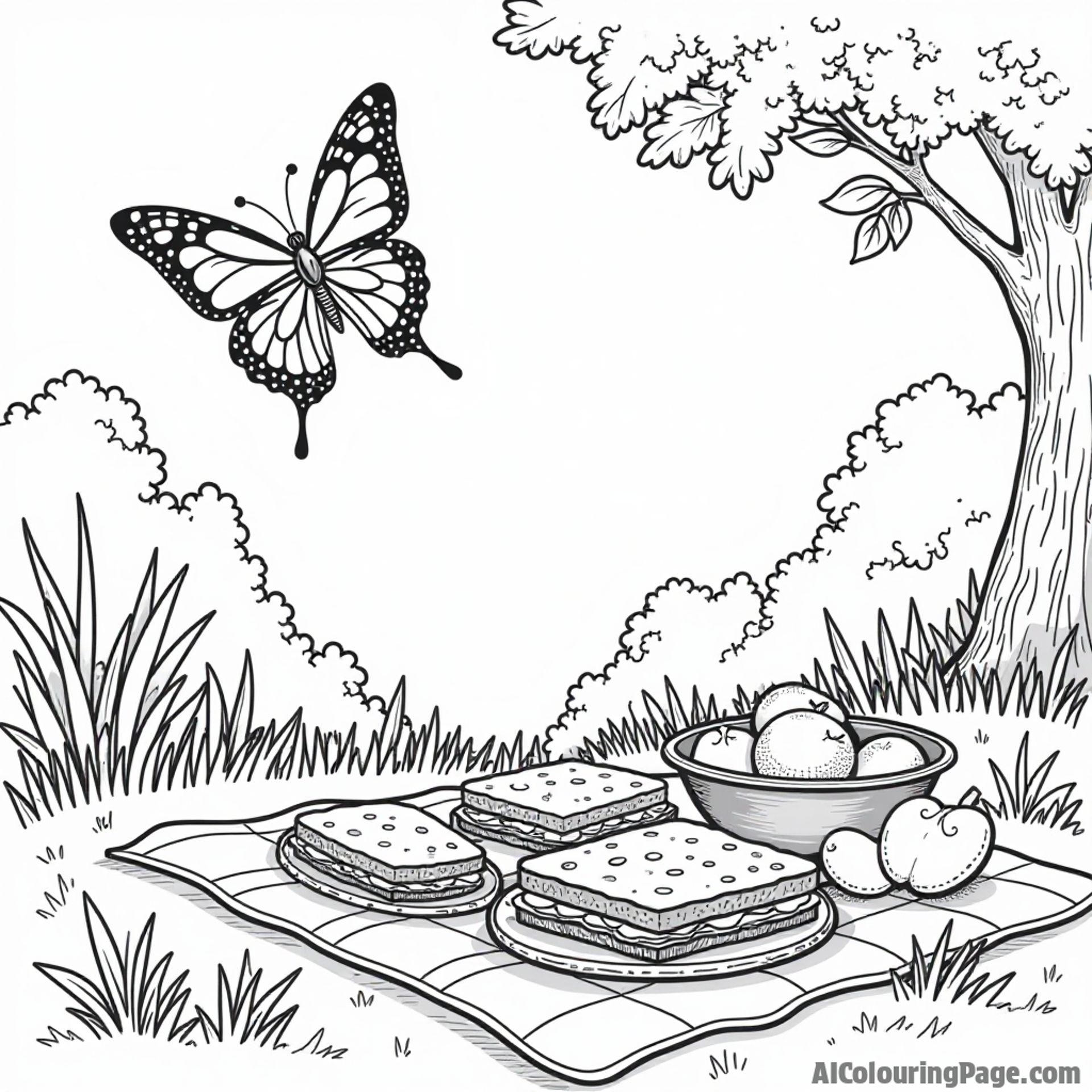 A butterfly flying above a picnic scene with sandwiches and fruit, inviting children to color a fun outdoor adventure.