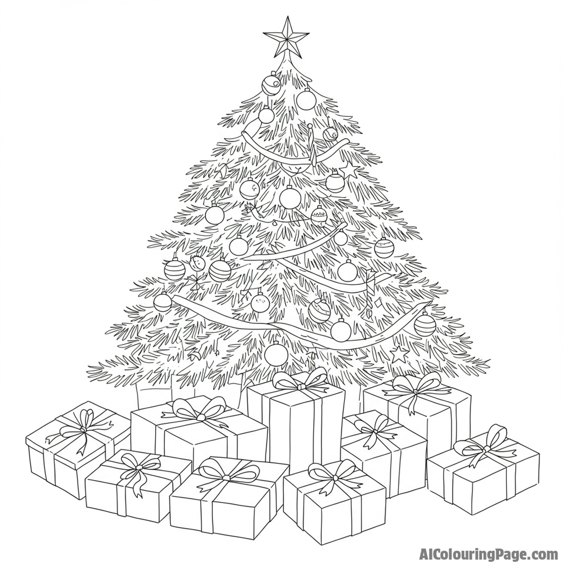 Wrapped presents under a tall, ornamented fir tree, anticipation of giving and receiving.