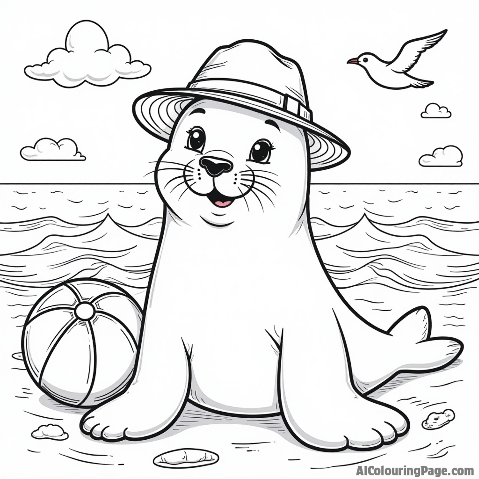 A friendly seal wearing an explorer hat, balancing a beach ball on its nose, with ocean waves and seagulls in the background for a playful seaside adventure coloring page.