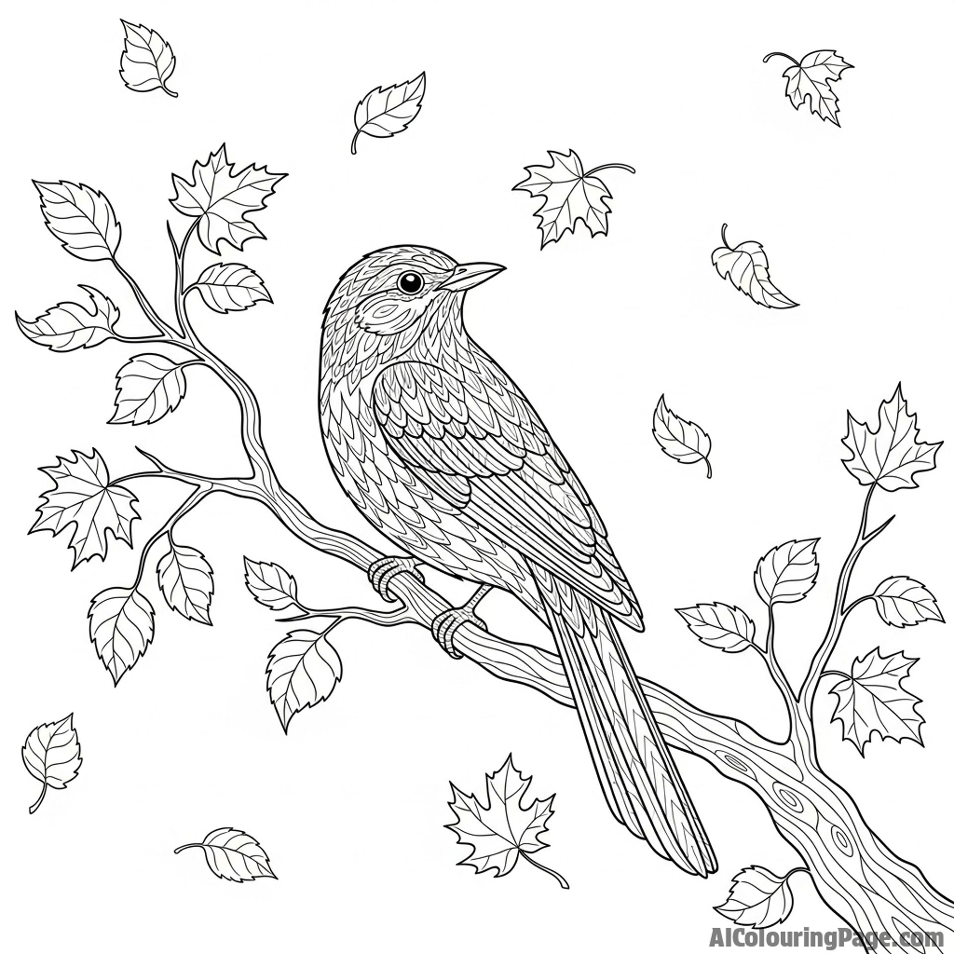 A bird perched on a branch, surrounded by falling leaves.