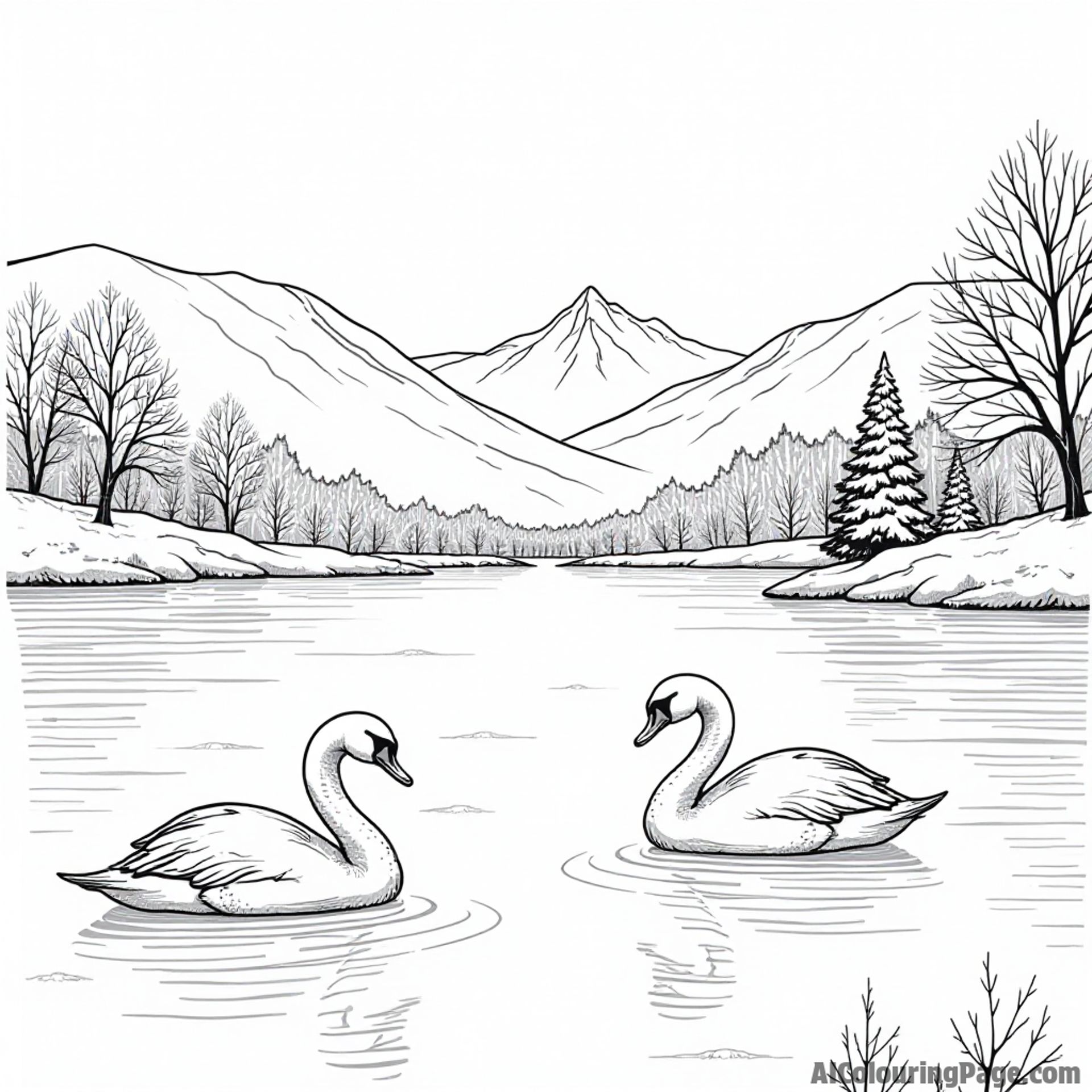 A serene winter landscape with a frozen lake, swans gliding on the ice, and snow-covered hills in the background.