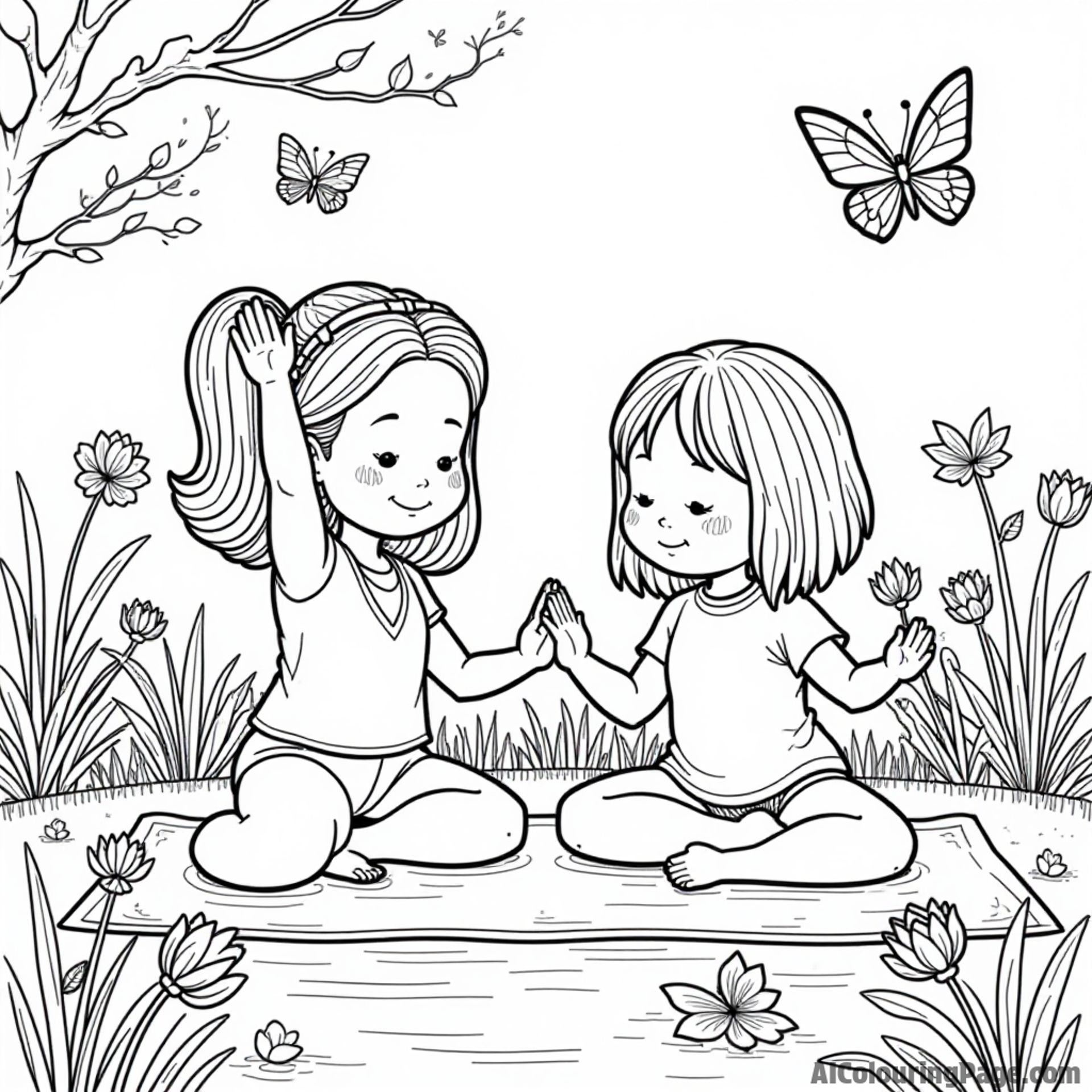 Peppermint Patty and Marcie practicing yoga in a peaceful garden with flowers, butterflies, and a serene pond