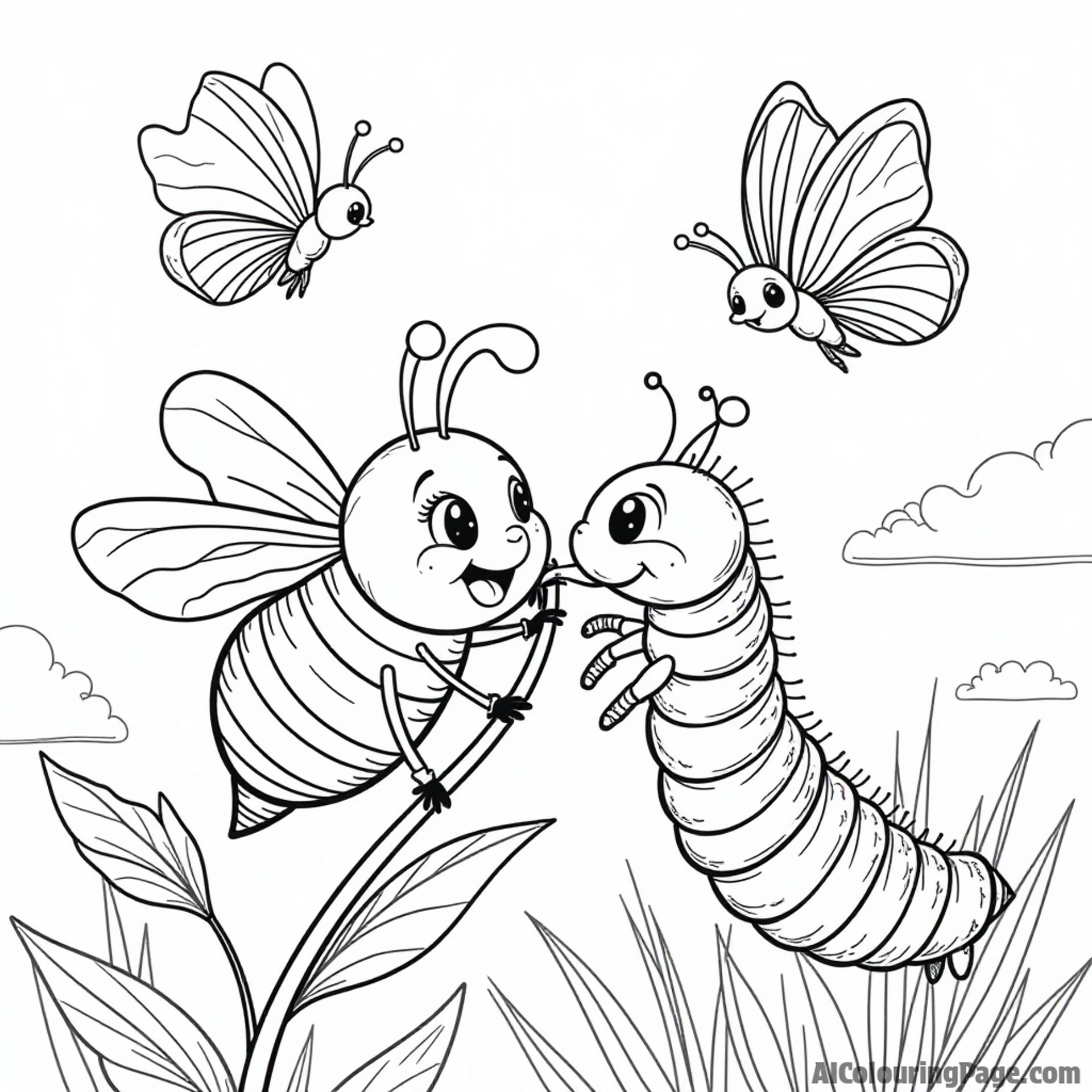 A friendly bee helping a caterpillar climb a flower stem while butterflies flutter around in a bright sky.