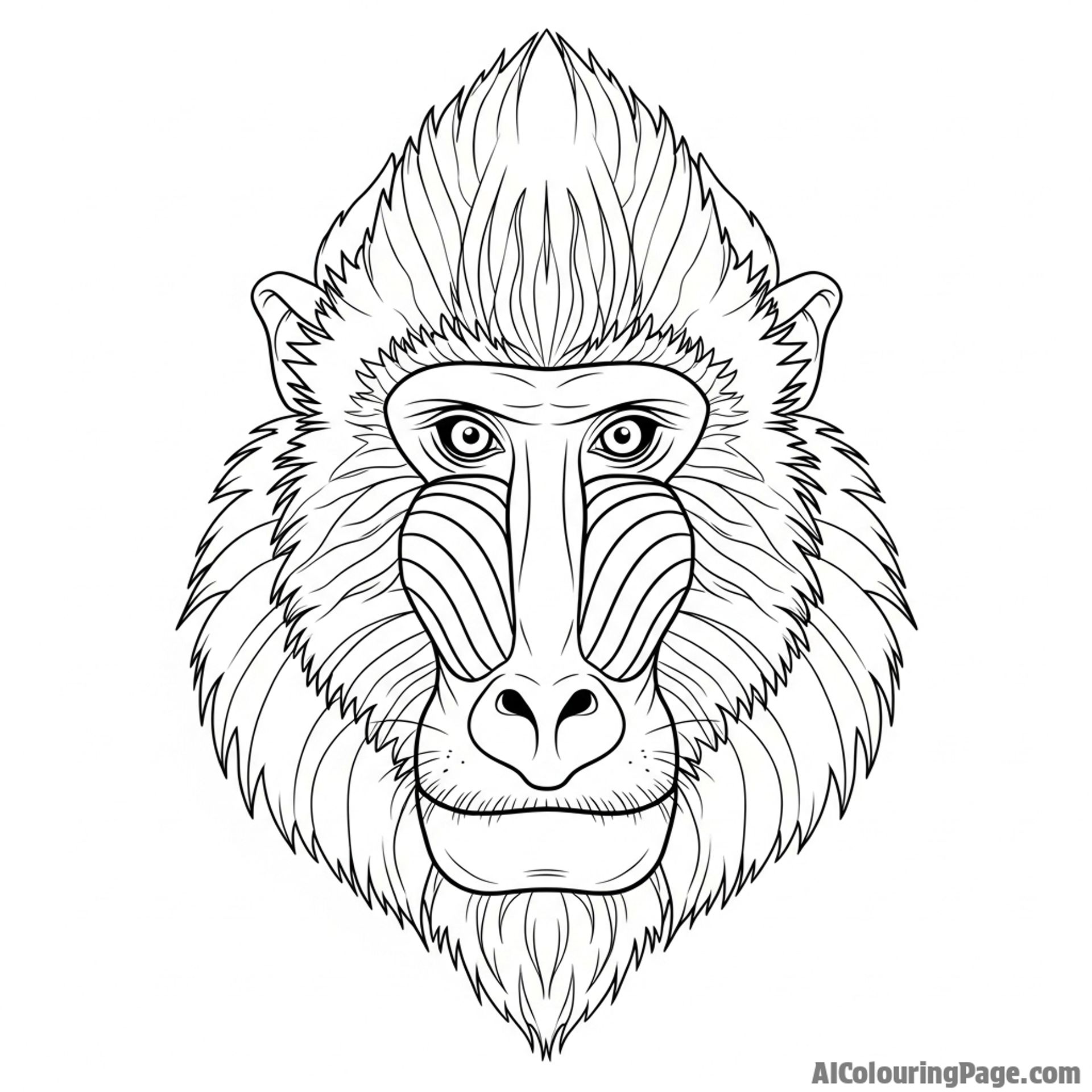 A portrait of a mandrill, focusing on the textures and patterns of its face.