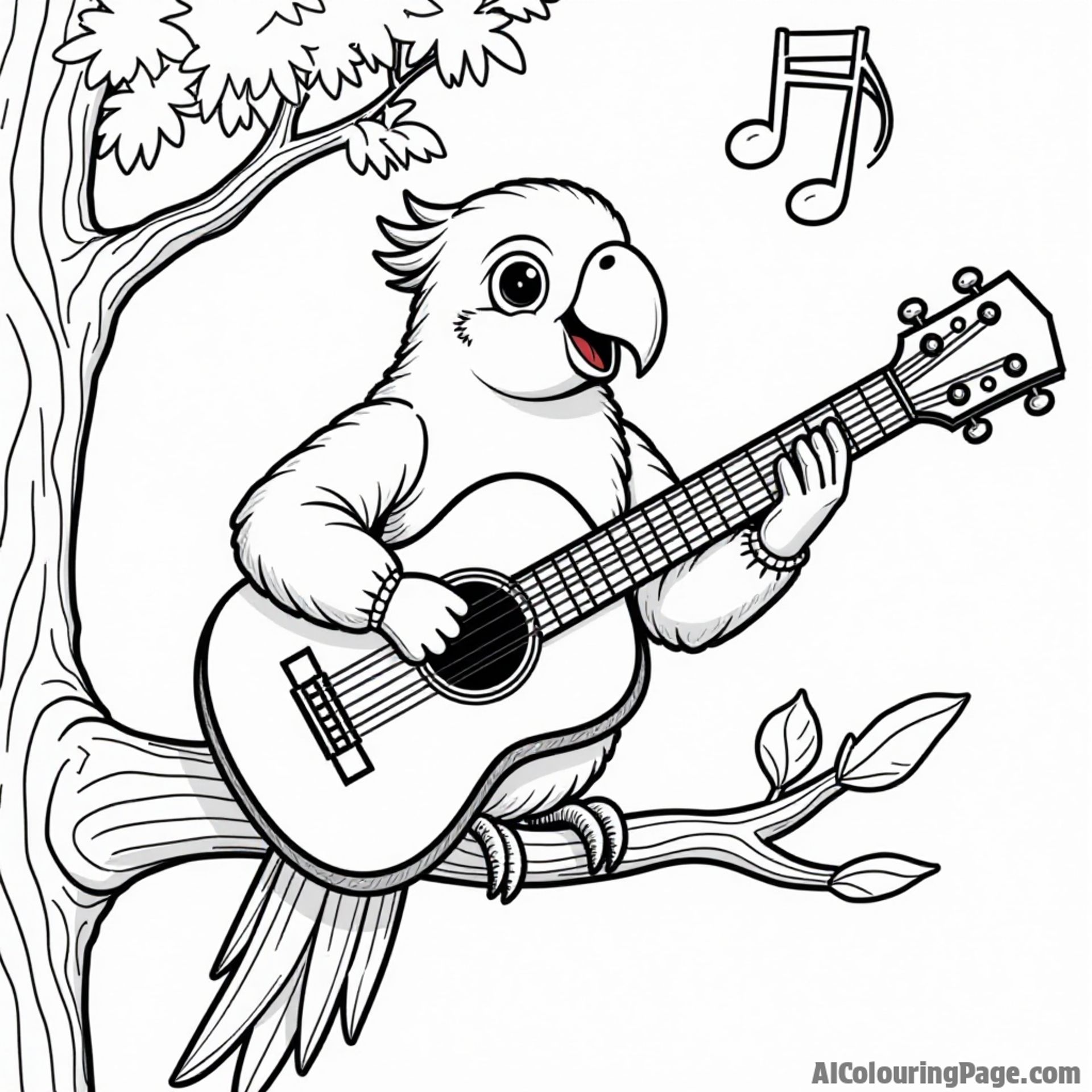 A parrot playing a guitar while sitting on a tree branch with musical notes dancing in the air