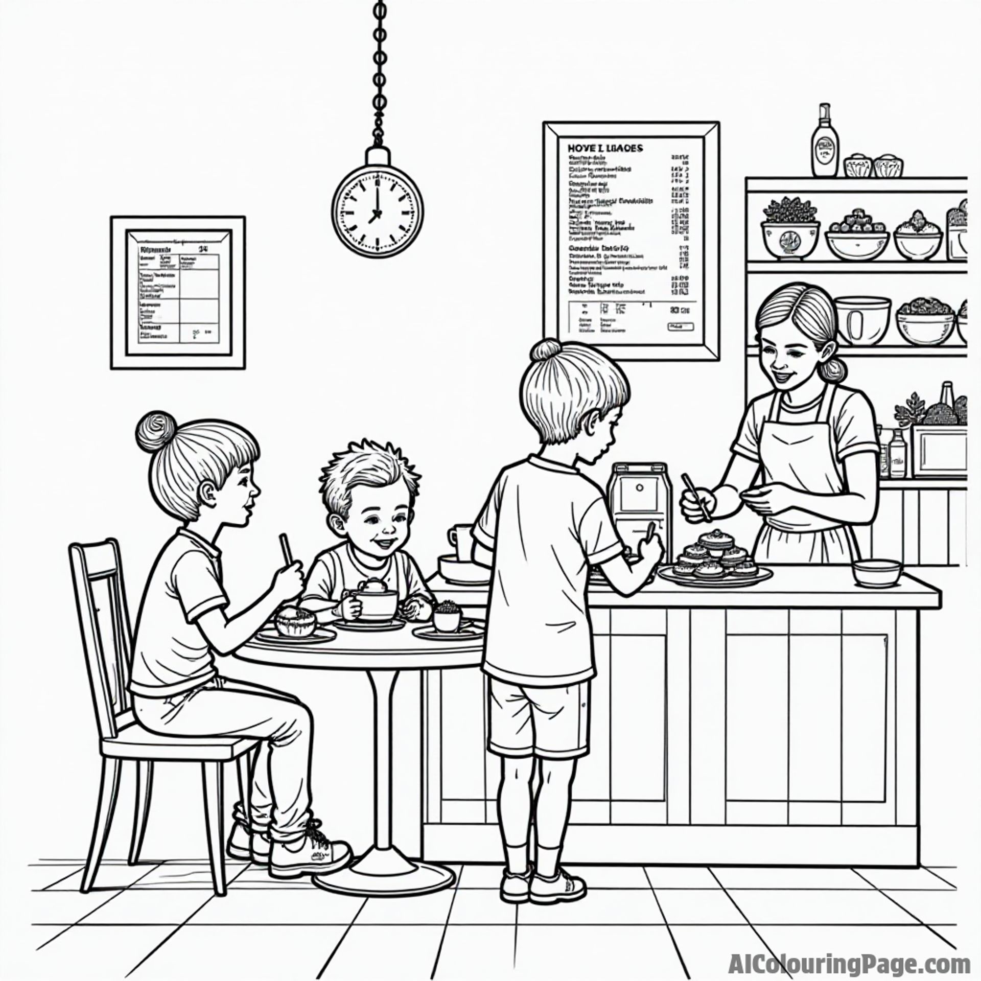 A cozy café corner with children drawing on menus while waiting for their cookie orders, with a barista serving cookies.