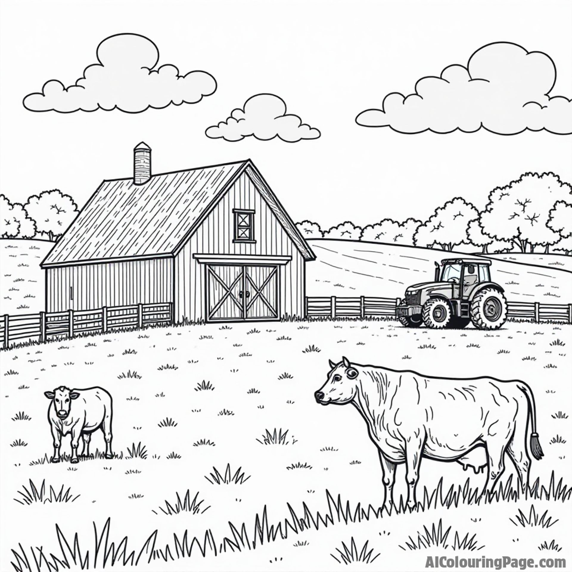 A serene farm scene with a barn, grazing cows, and a tractor, capturing New Jersey’s rural beauty for young artists.