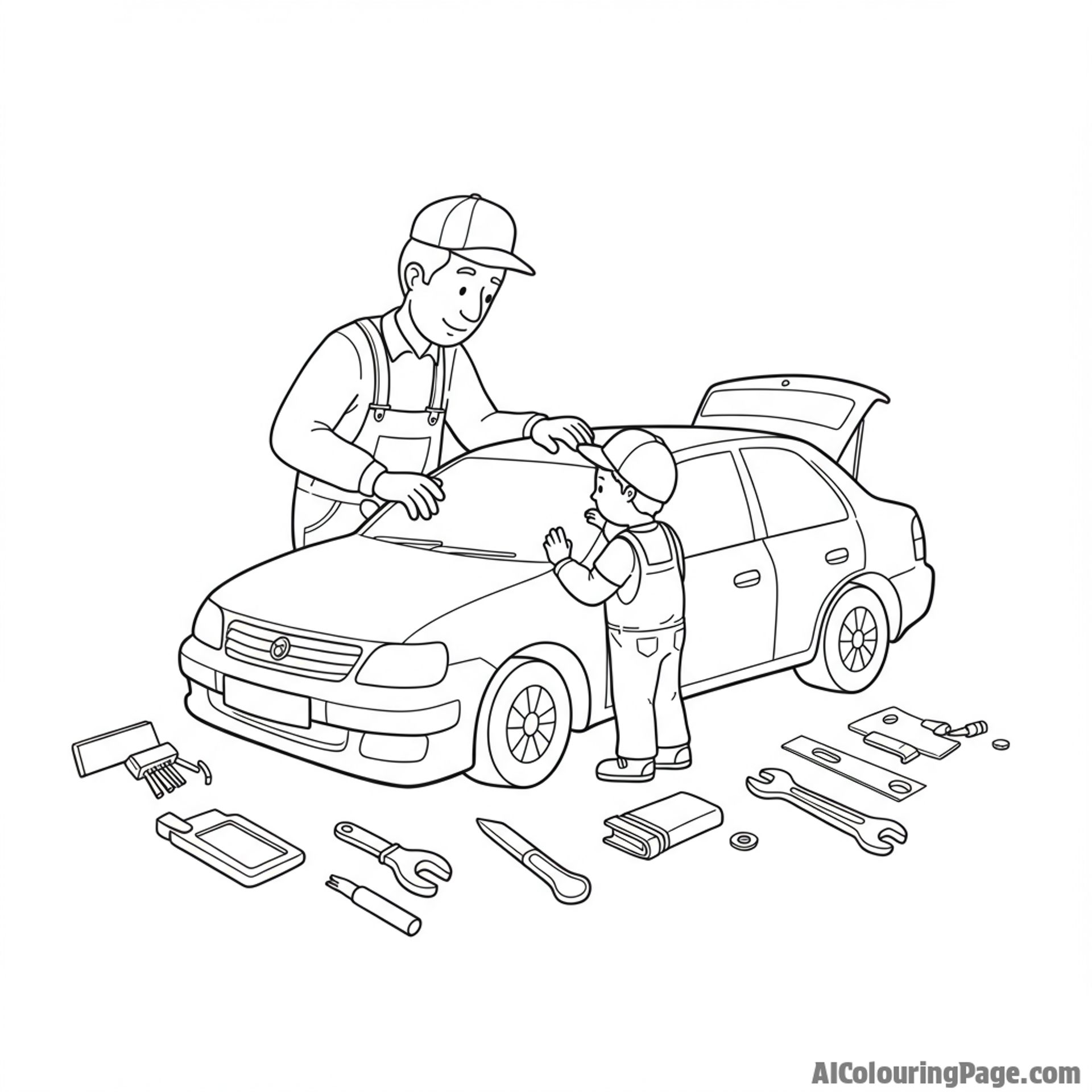 Father fixing a car with their child, tools scattered around.