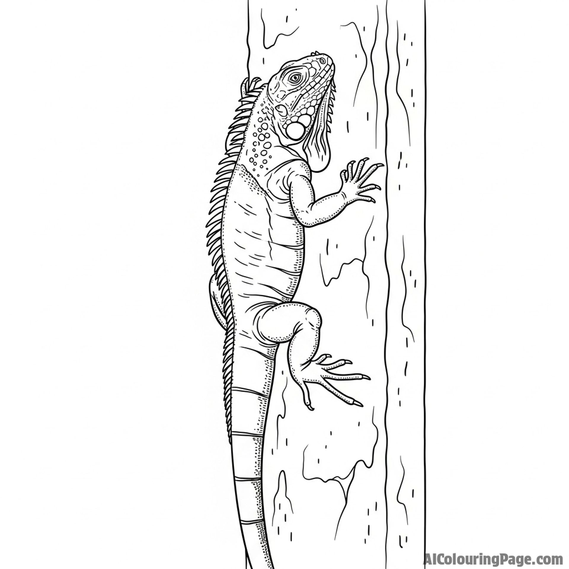 A photorealistic rendering of an iguana climbing a stucco wall.