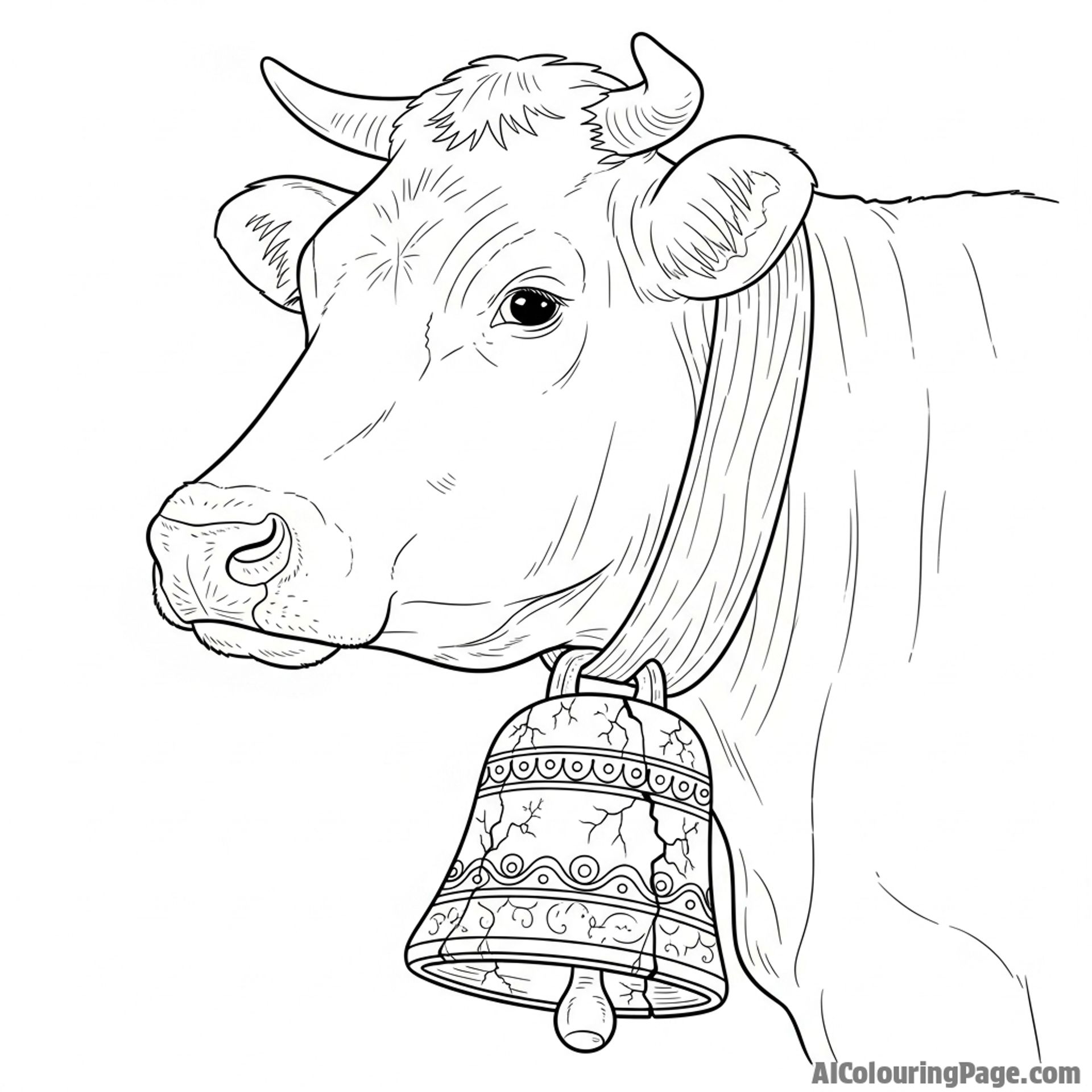 A cow wearing an old, ornate, weathered bell around its neck, detail shot.