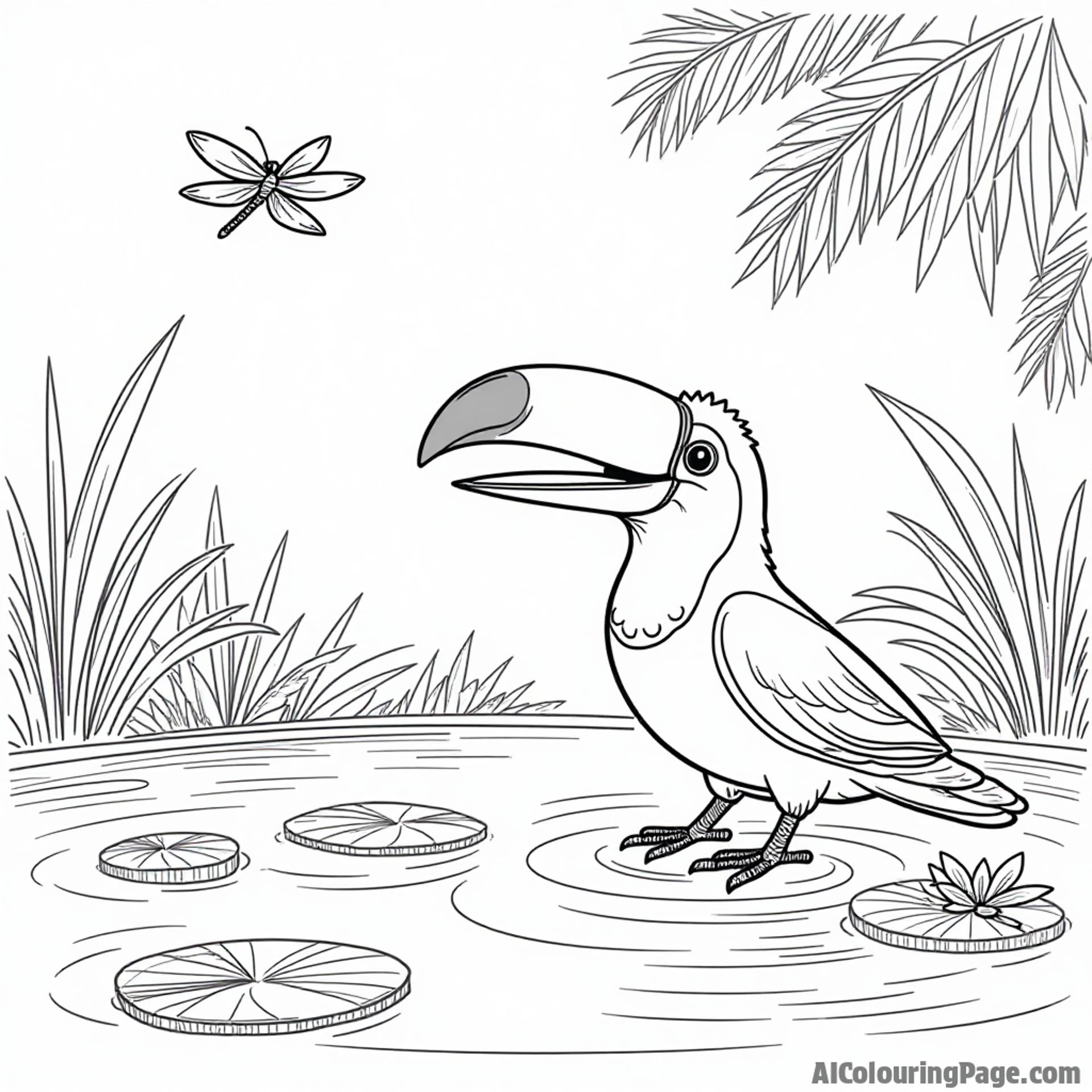 A happy toucan splashing in a pond with lily pads and dragonflies buzzing around in a peaceful jungle scene.