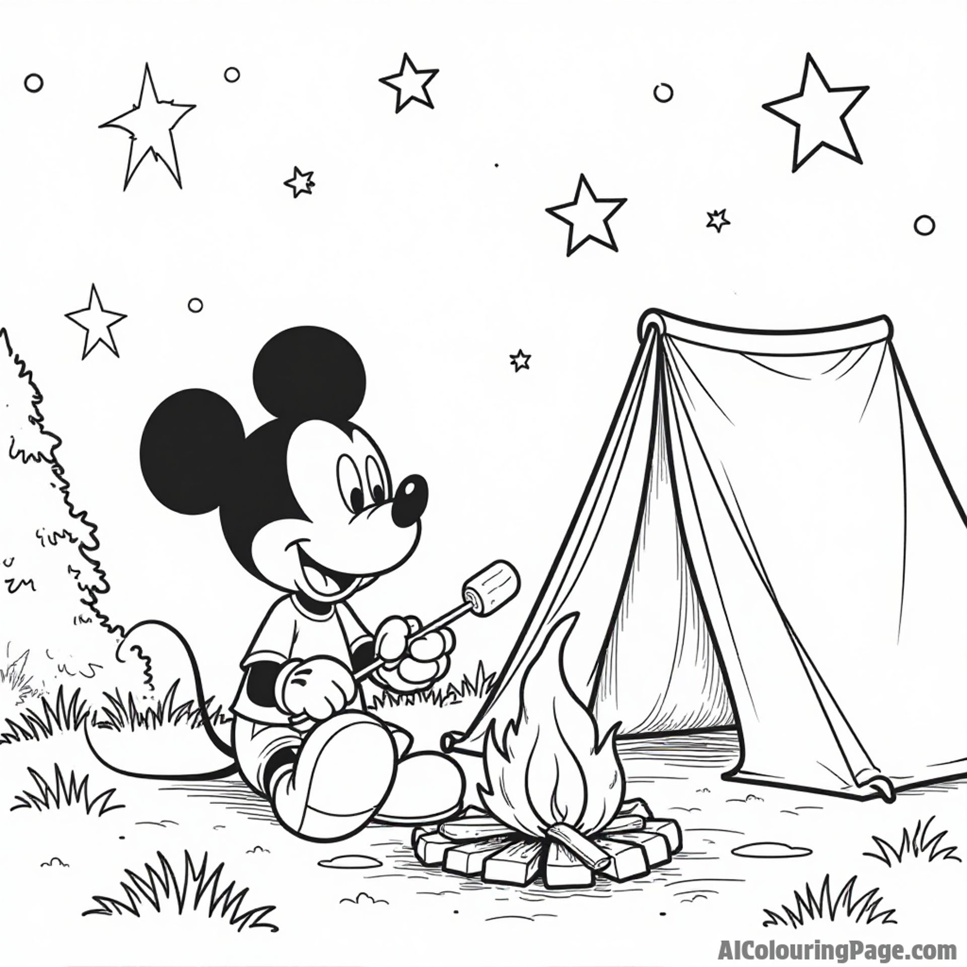 Mickey Mouse camping under the stars, sitting by a campfire with a tent and marshmallows on sticks.