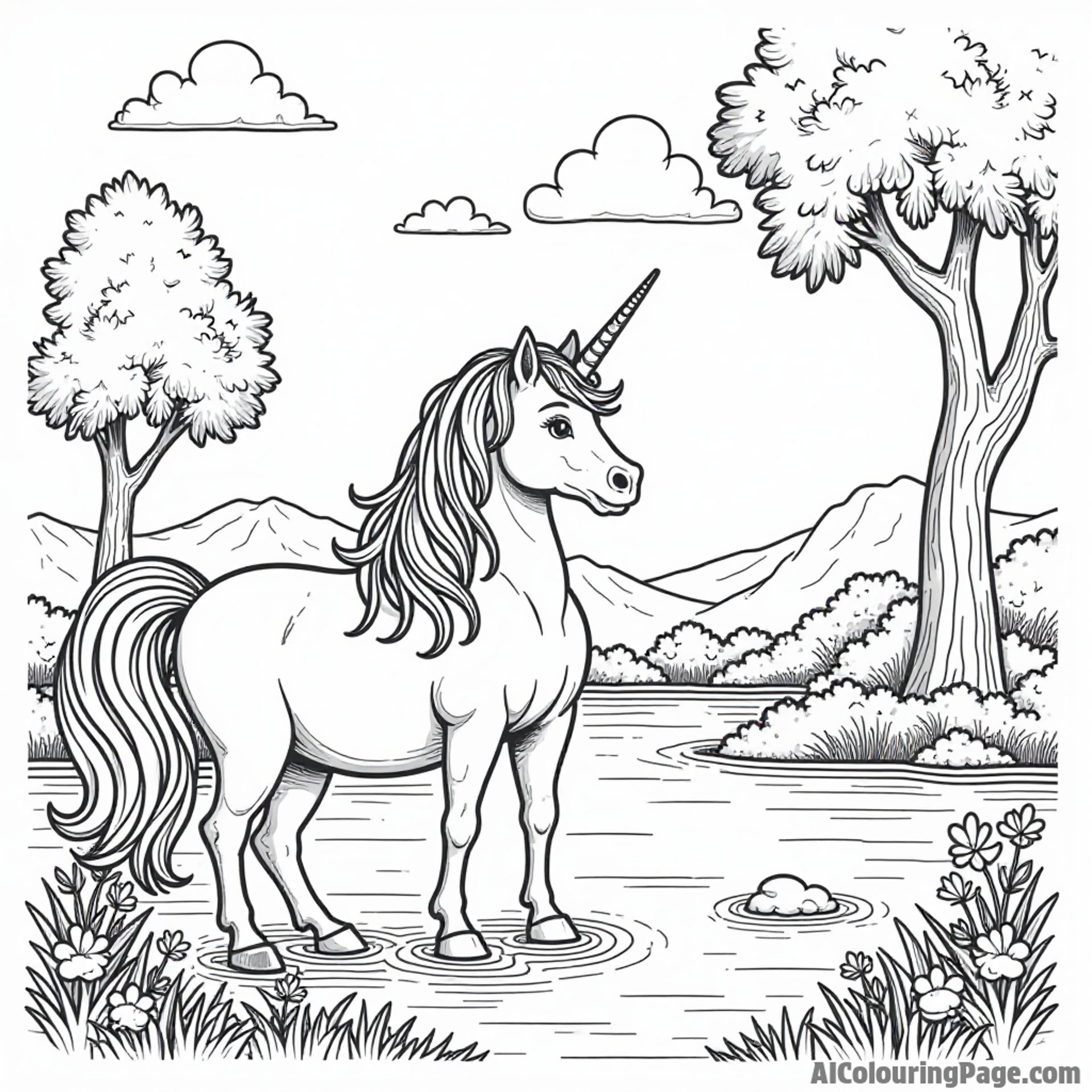 A magical creature resembling a unicorn standing beside a sparkling lake with trees and flowers around it.