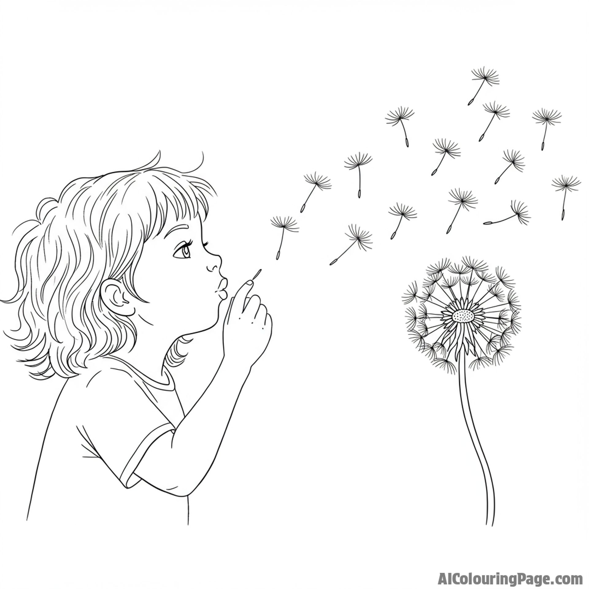 A child blowing dandelion seeds into the wind.