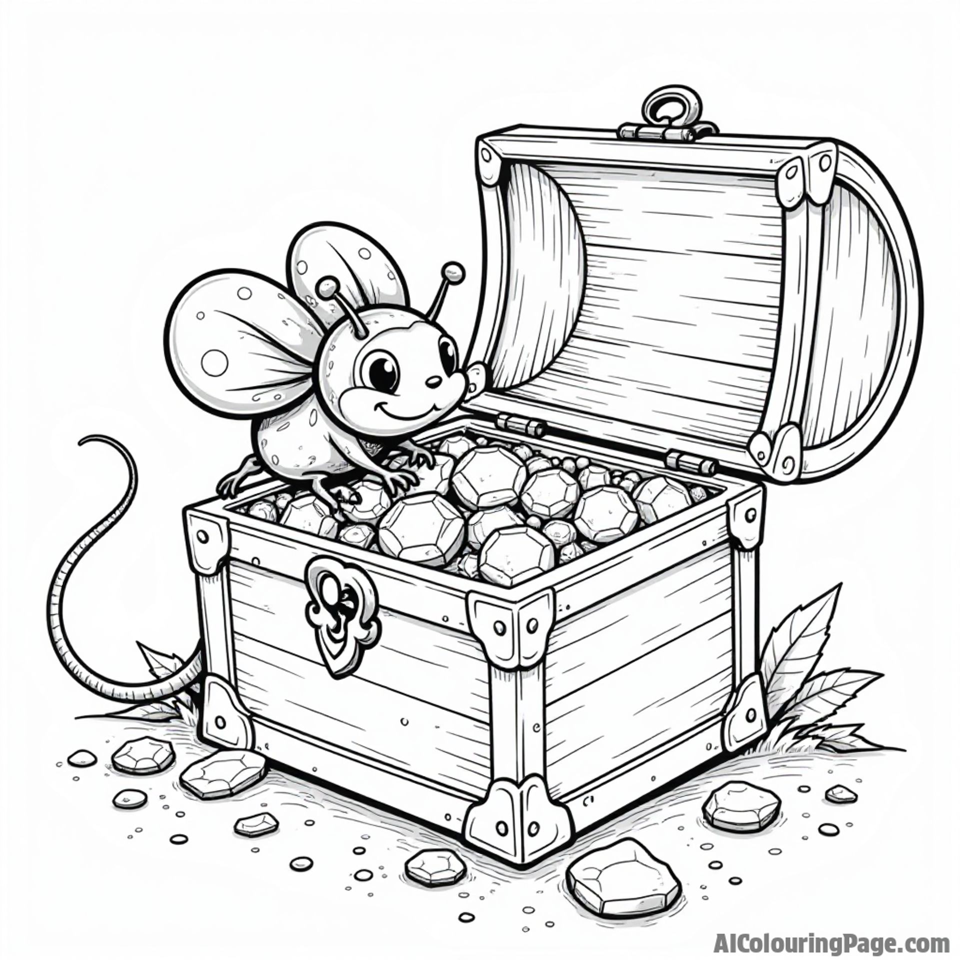 A ladybug exploring a treasure chest filled with shiny gems, with a curious mouse peeking from behind.