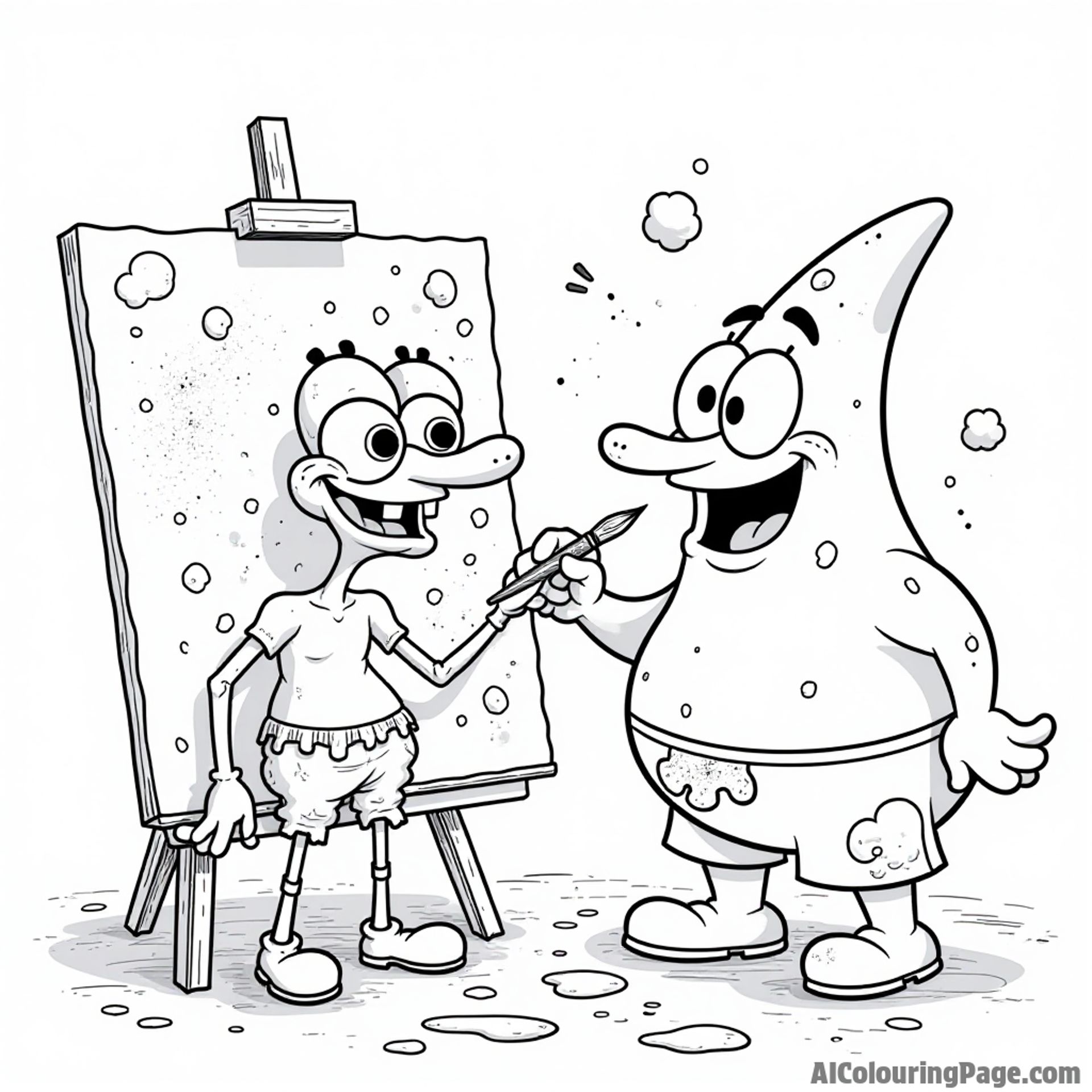 Squidward painting a masterpiece while SpongeBob and Patrick create a mess with paint splatters and laughter all around