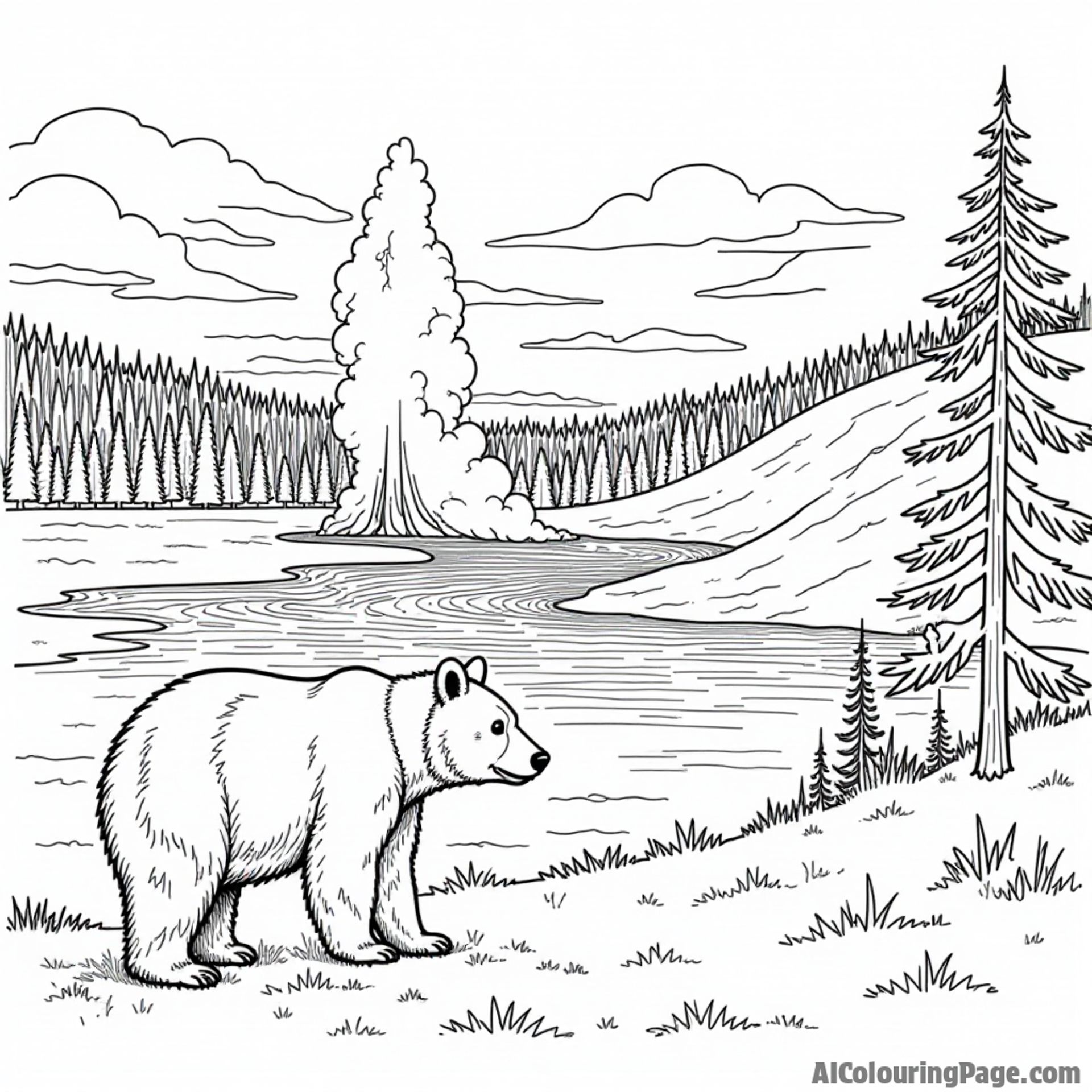A scenic view of Yellowstone National Park with geysers, pine trees, and a playful bear in the foreground.