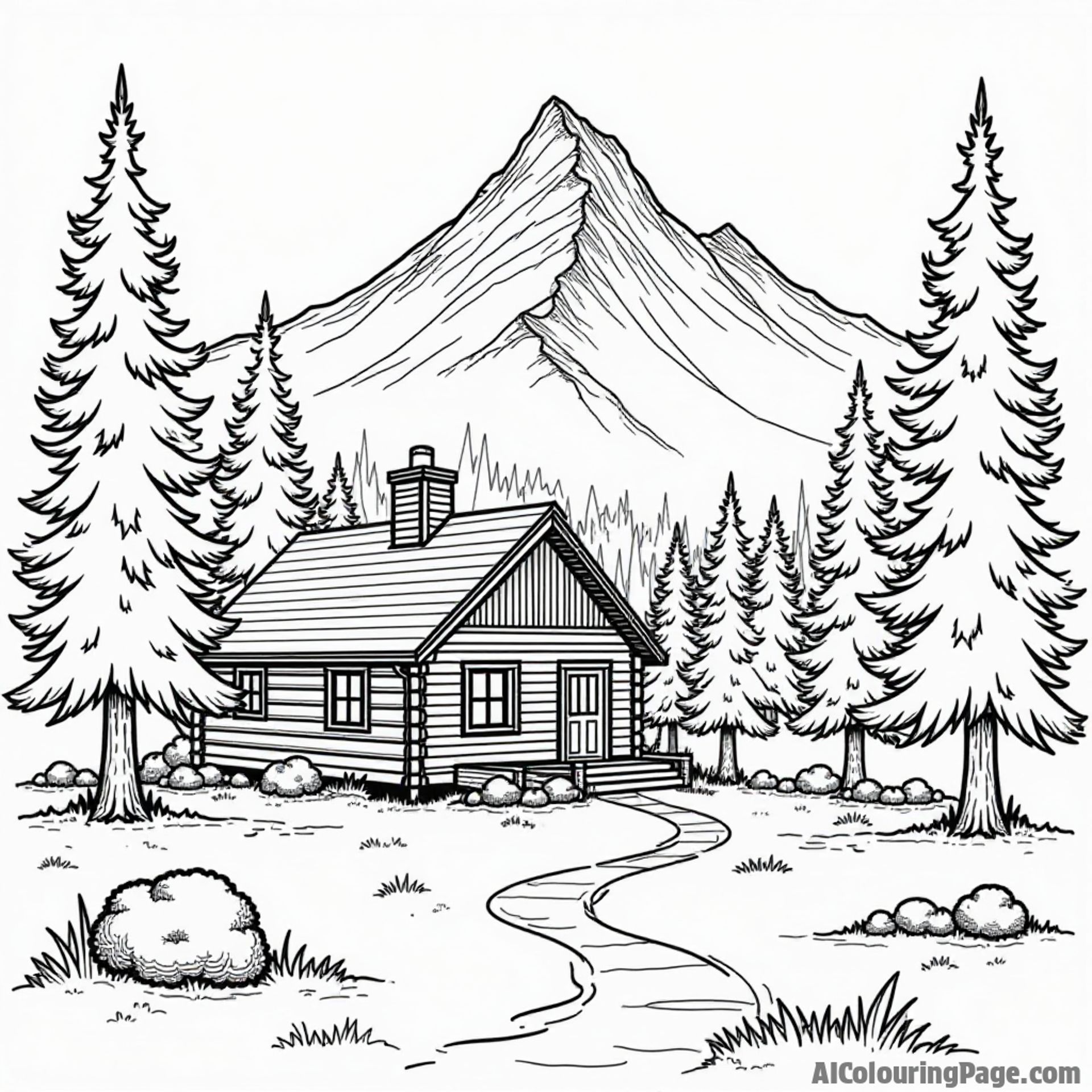 A scenic view of Mount Washington with pine trees and a cozy log cabin, perfect for coloring in black and white.