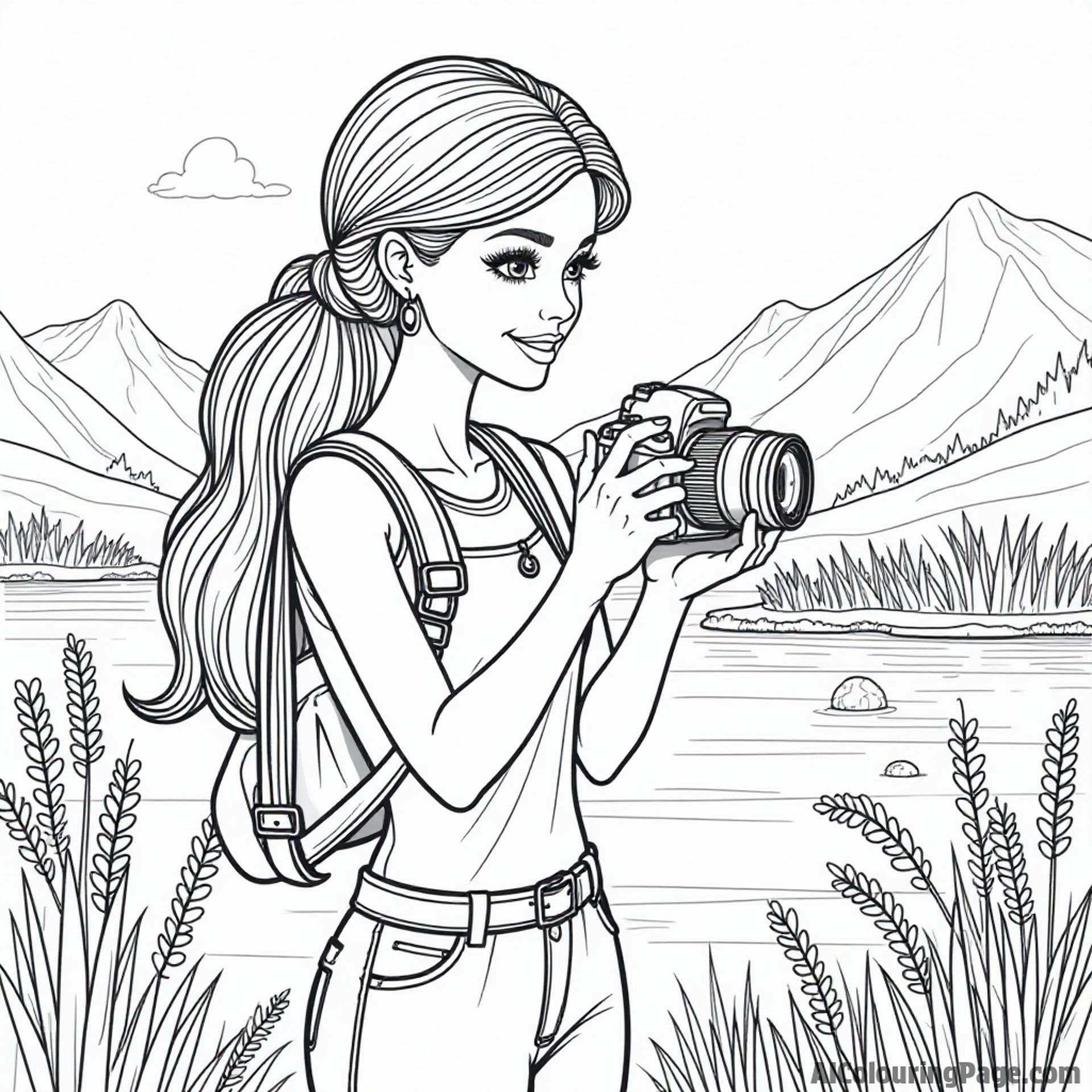 Barbie as a photographer taking pictures of nature, with a camera in her hands and beautiful scenery around her.
