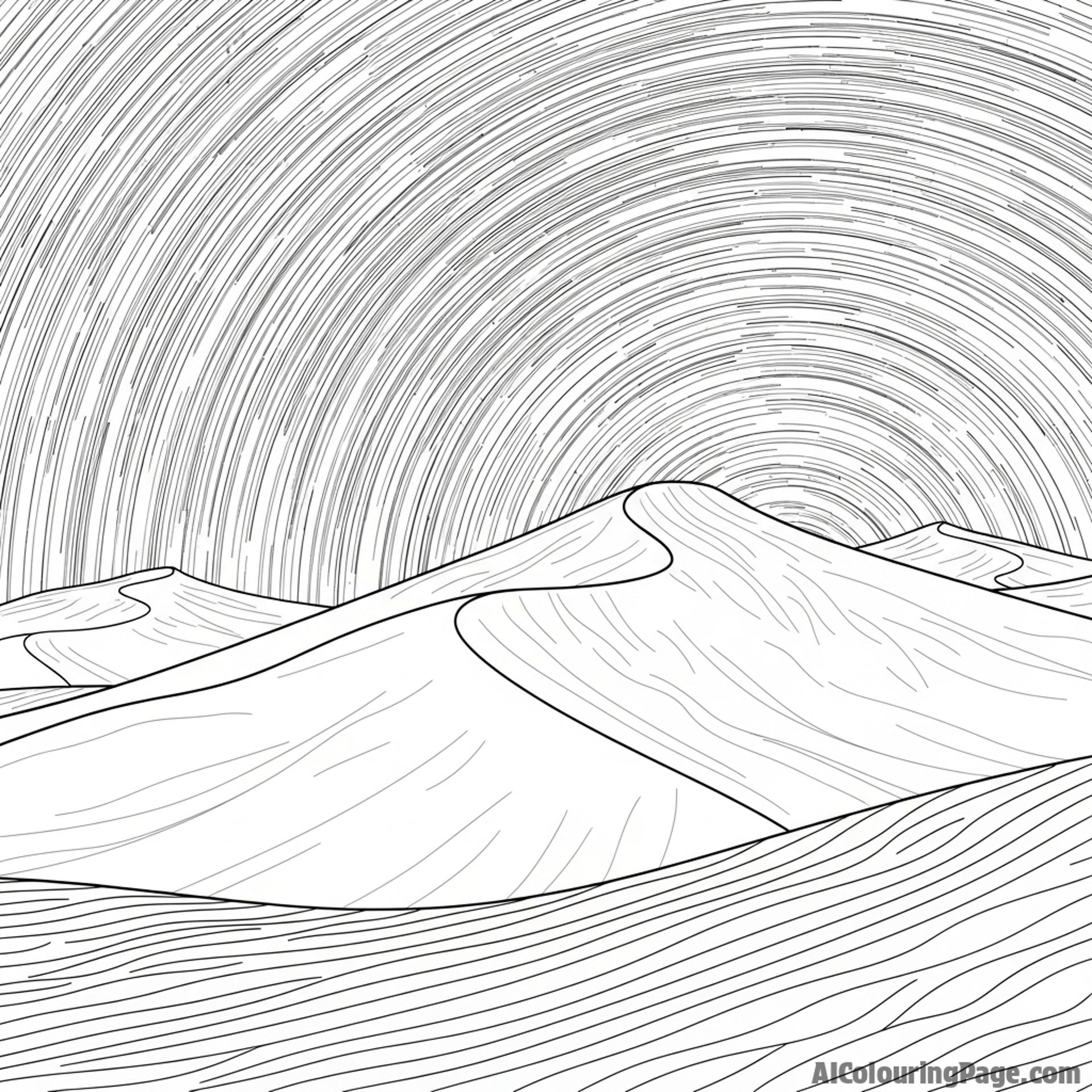 Sand dunes, star trails, clear night sky.