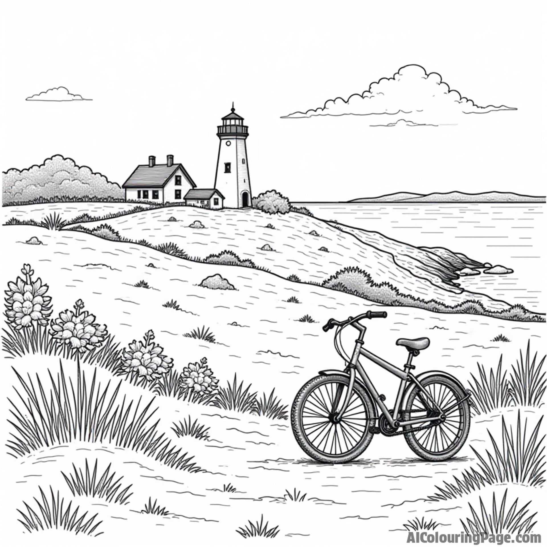 A scenic view of Block Island with rolling hills, a quaint bike, and a lighthouse in the background, capturing Rhode Island charm.