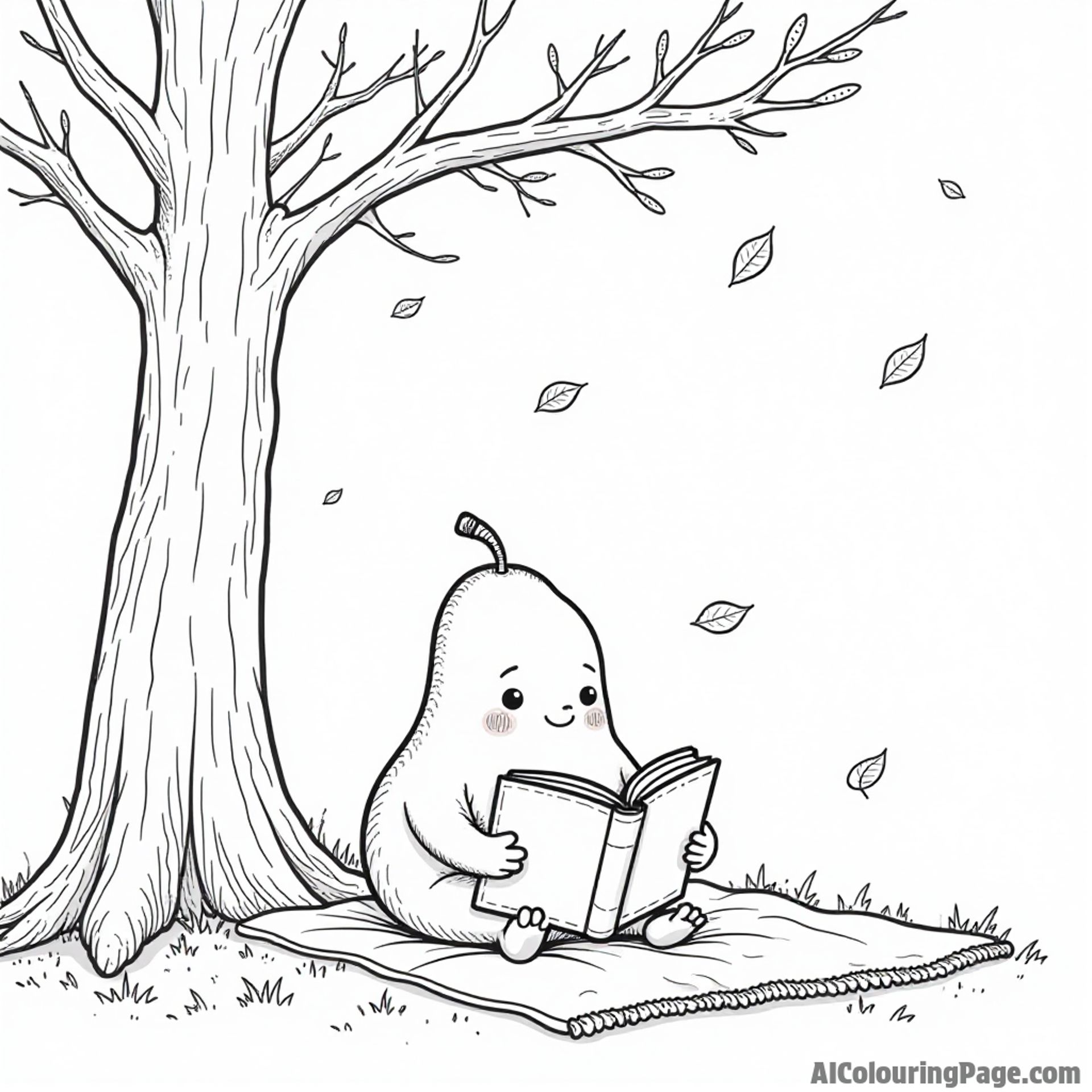A friendly pear character reading a book under a tree, with falling leaves and a cozy blanket nearby.