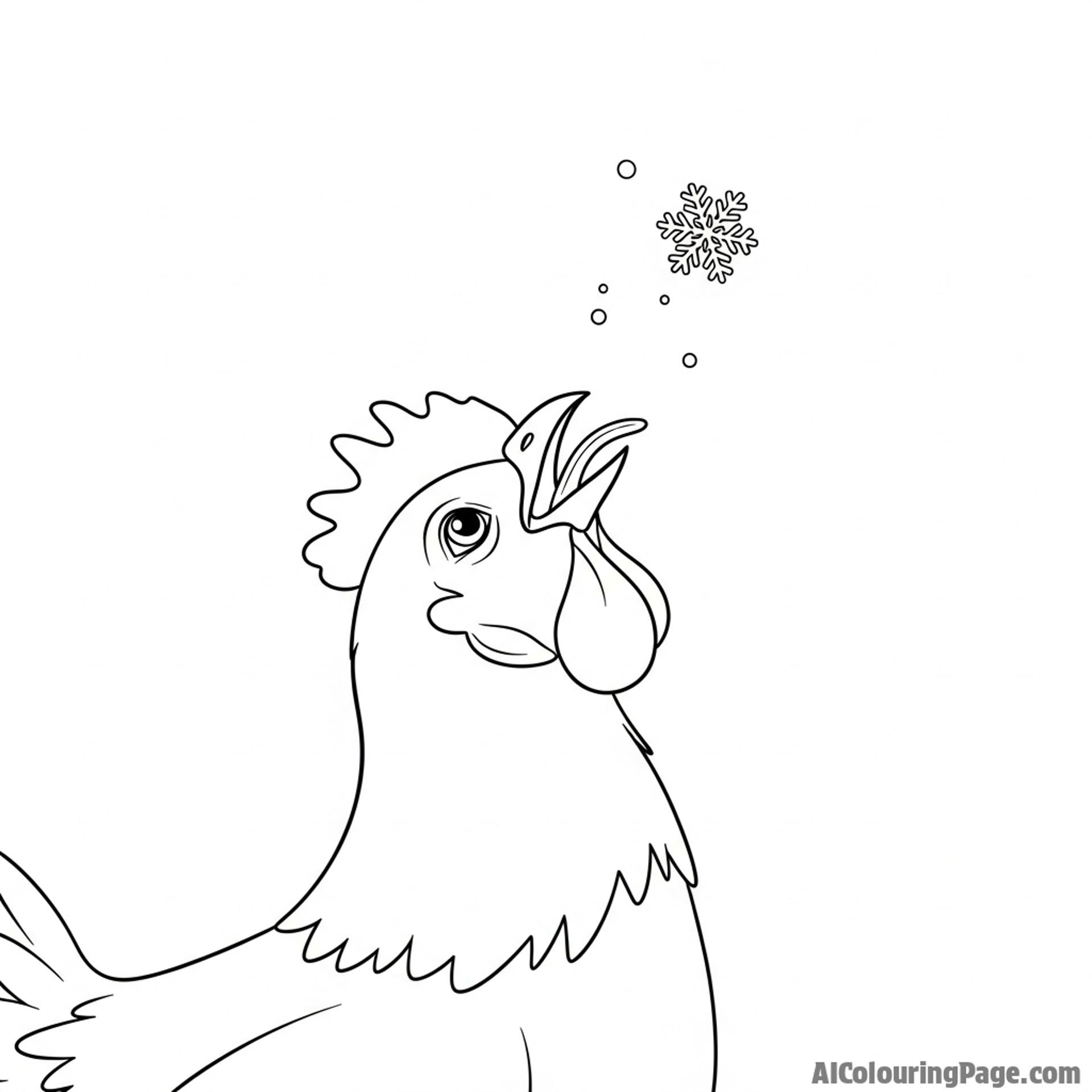 A chicken trying to catch a snowflake on its tongue.