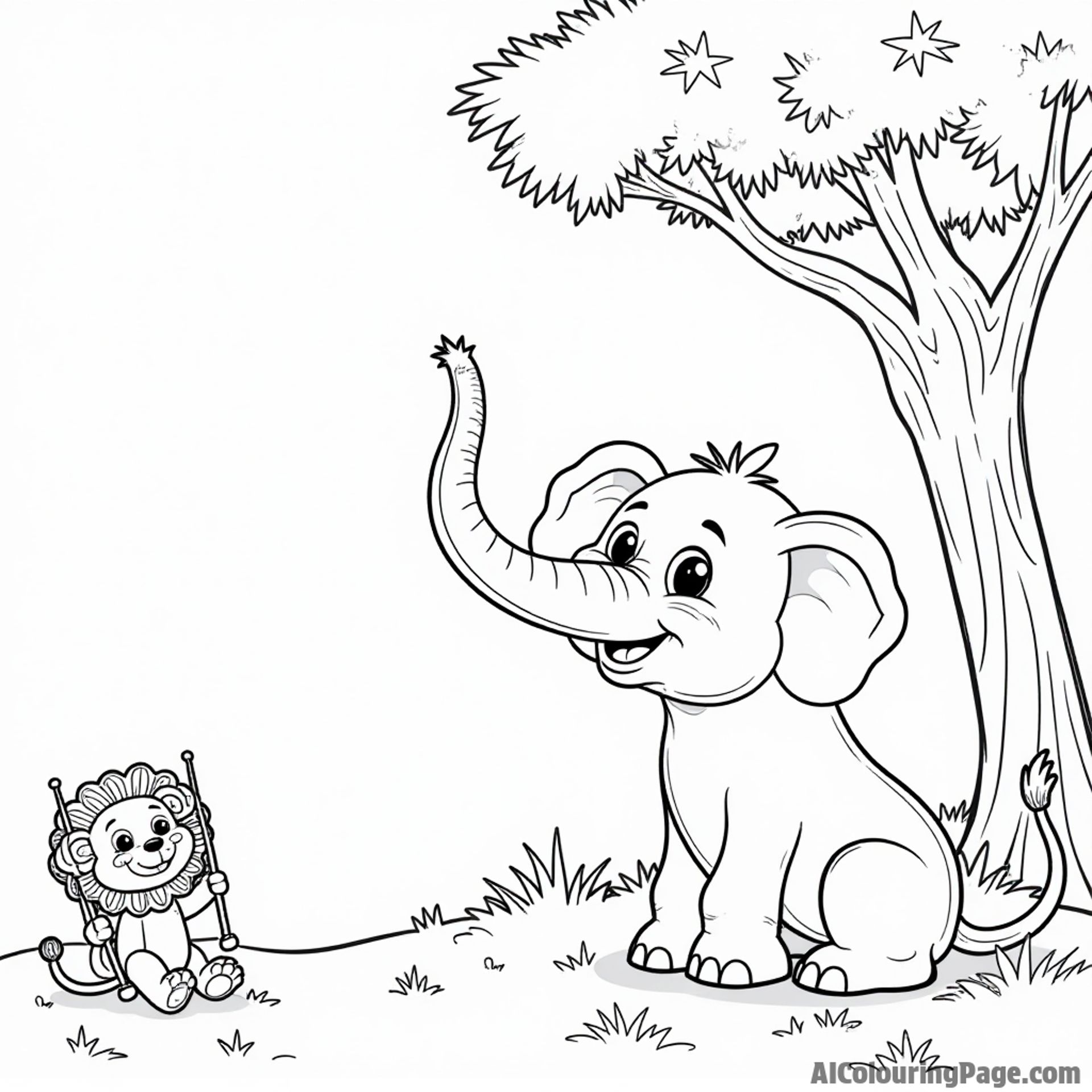 A joyful zoo scene with a happy elephant character, a playful monkey swinging, and a cheerful lion sitting under a tree.