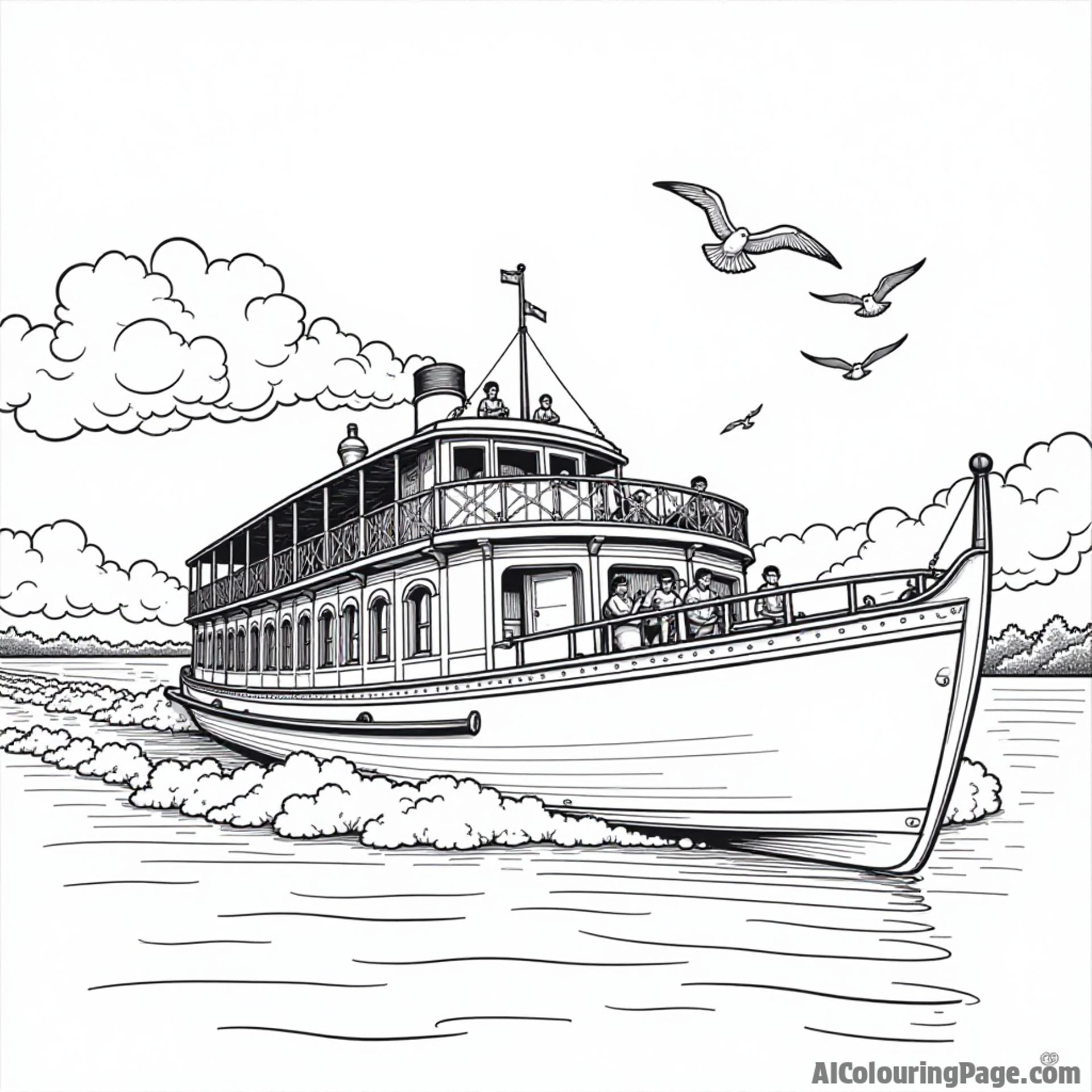 A lively riverboat cruising down the Mississippi River with passengers waving and birds flying above, outlined for coloring fun.