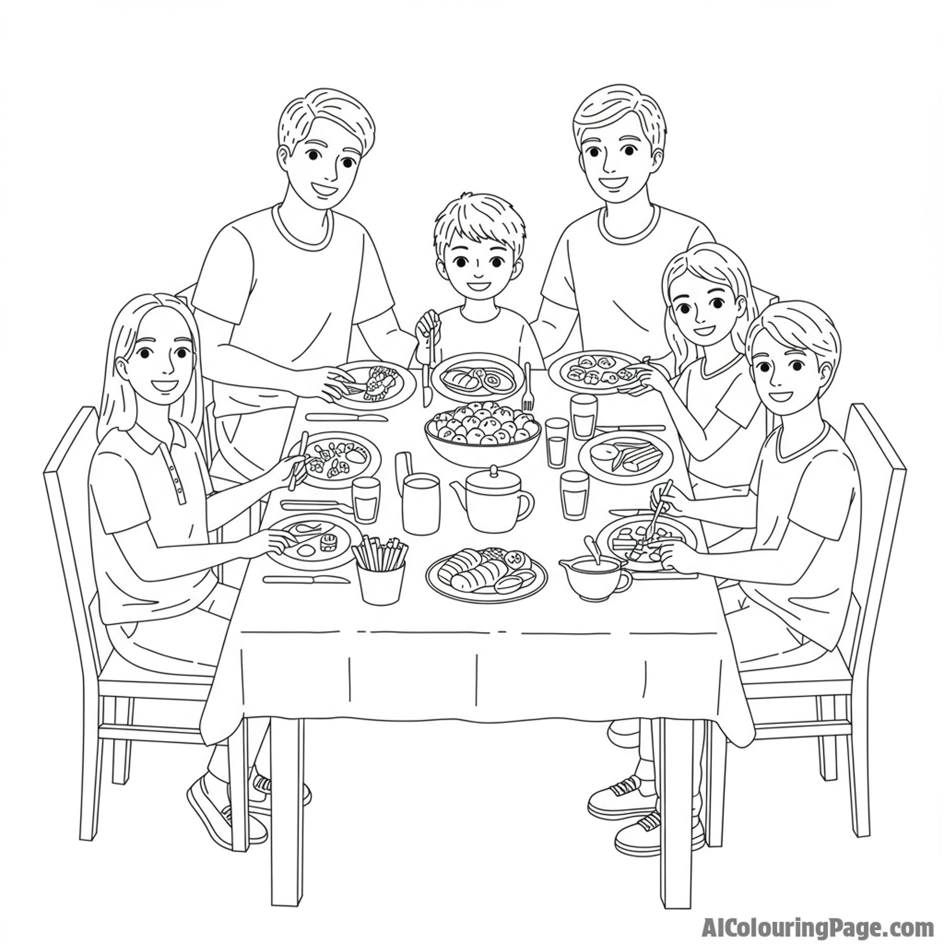 A family gathered around a table, sharing a meal and enjoying each other's company.