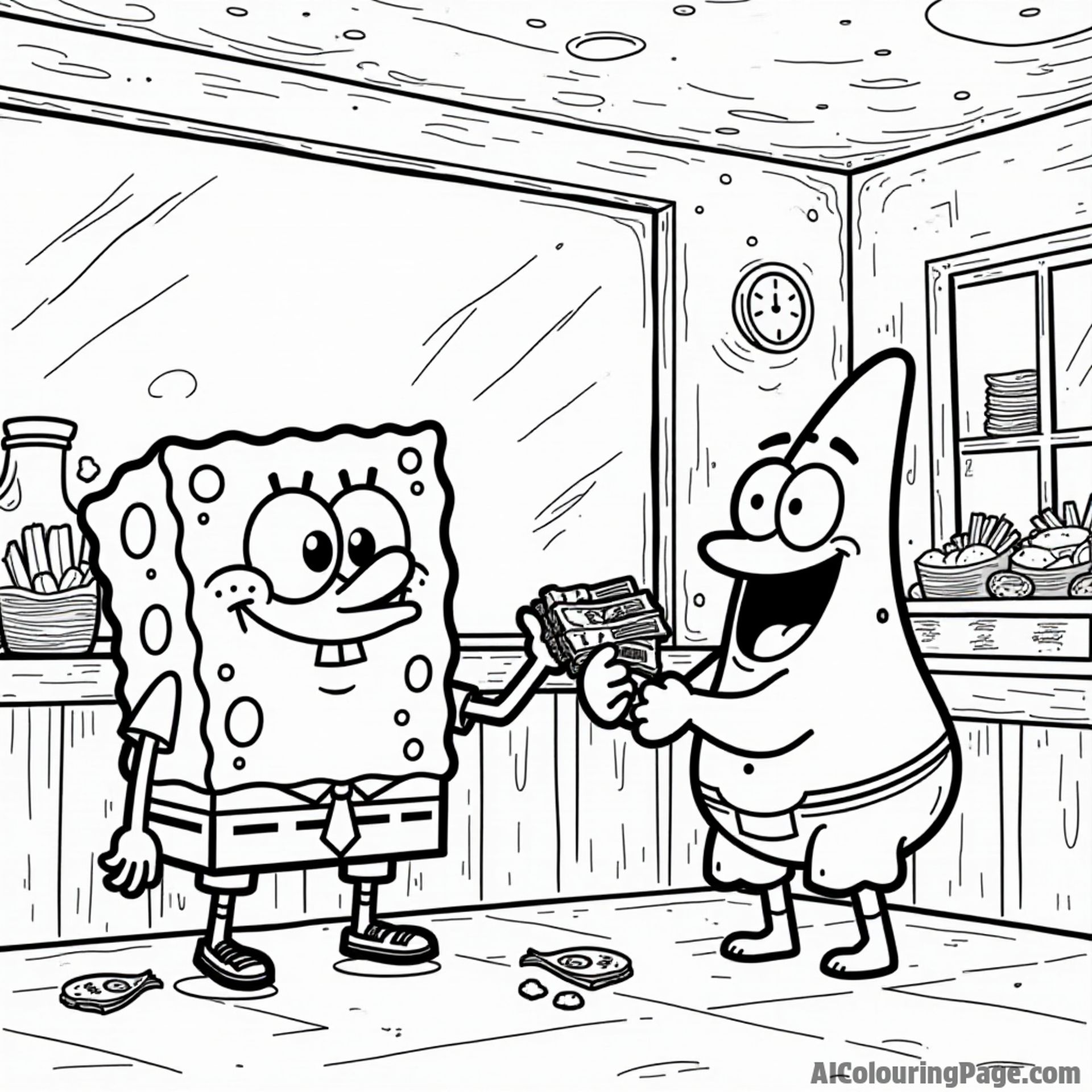 Mr. Krabs counting his money in the Krusty Krab while SpongeBob and Patrick plot to sneak away with fries