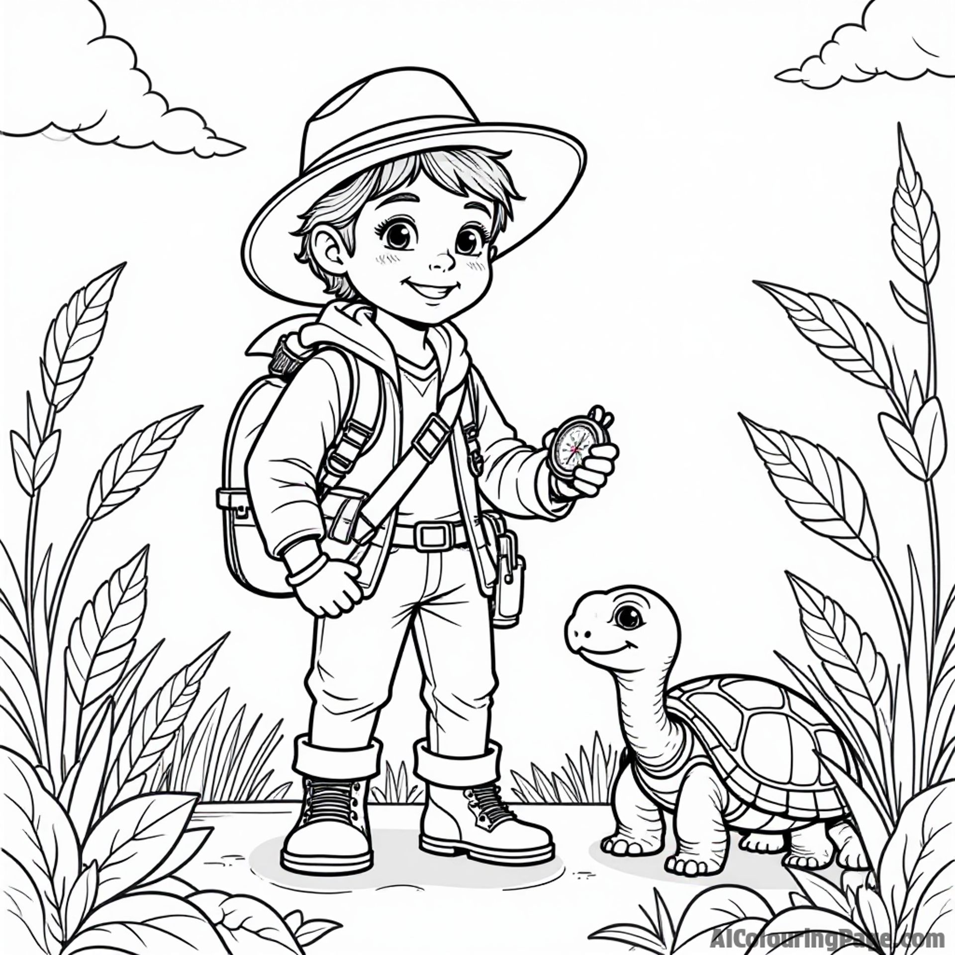An explorer with a compass in hand, accompanied by a wise old turtle and lush green plants, all waiting for kids to bring their colors to this adventure page.