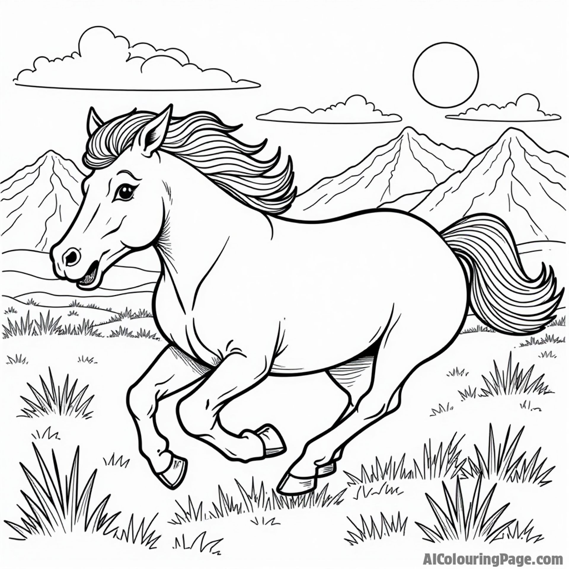 A playful wild mustang running through the grasslands, with a backdrop of rocky mountains and a bright sun, United States of America coloring pages