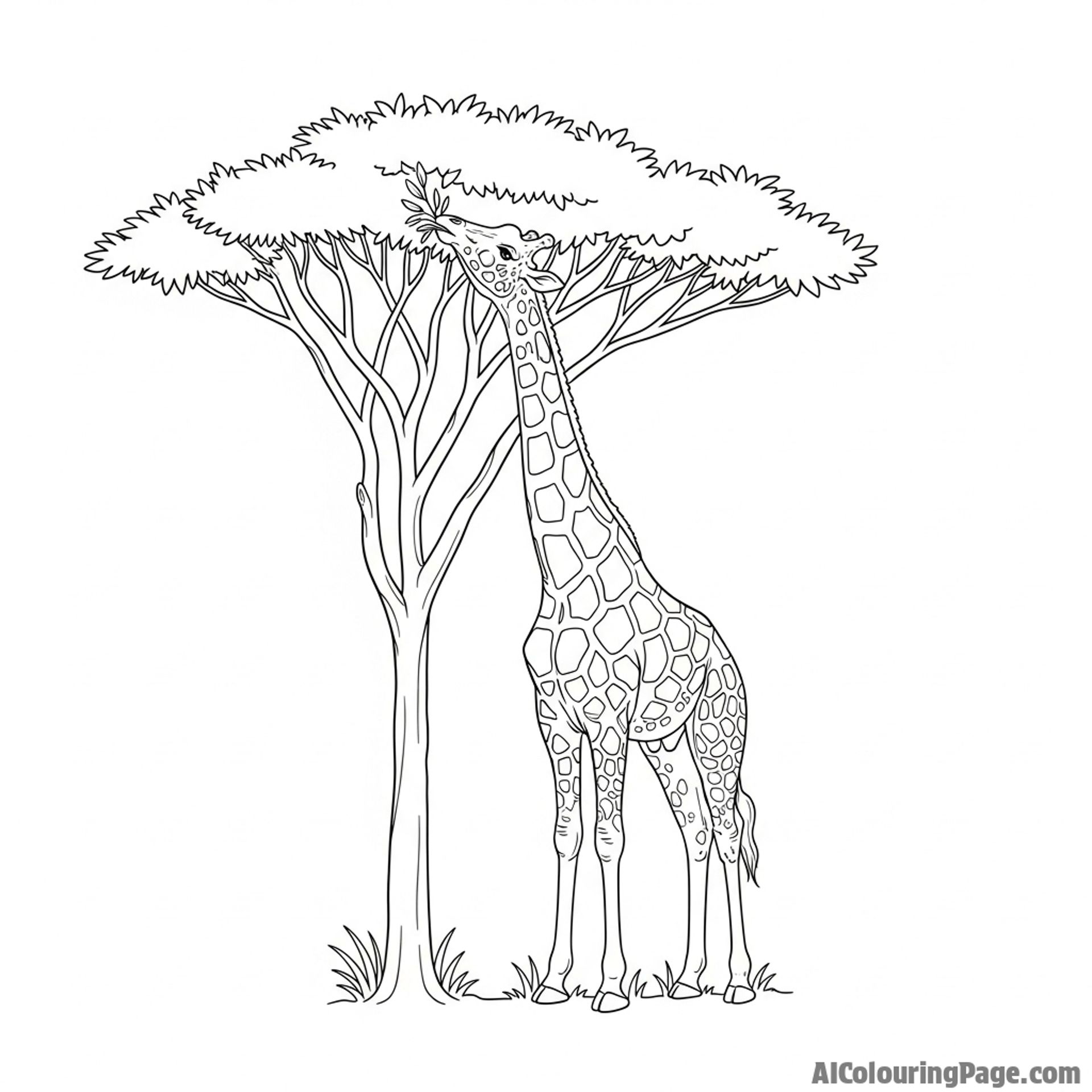 A giraffe gracefully eating leaves from the top of a tall acacia tree