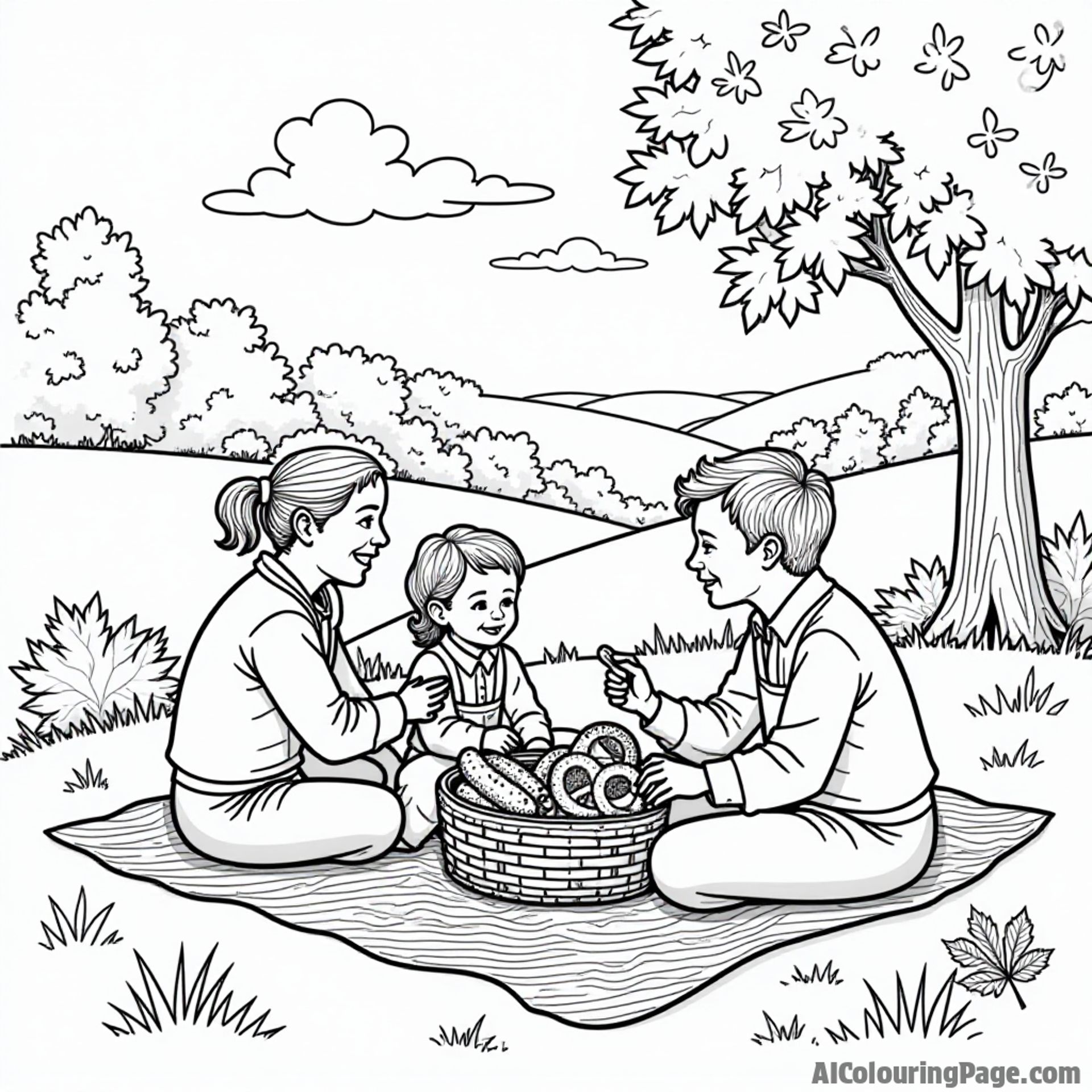 A cozy Oktoberfest scene featuring a family enjoying a picnic on a grassy hill, with a basket full of sausages, pretzels, and a vibrant autumn landscape.